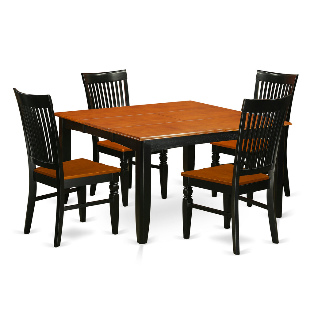 Juego de mesa de cocina de 5 piezas East West Furniture PFWE5-BCH-W para 4 personas. Incluye una mesa de comedor cuadrada con diseño de hojas de mariposa y 4 sillas de comedor.