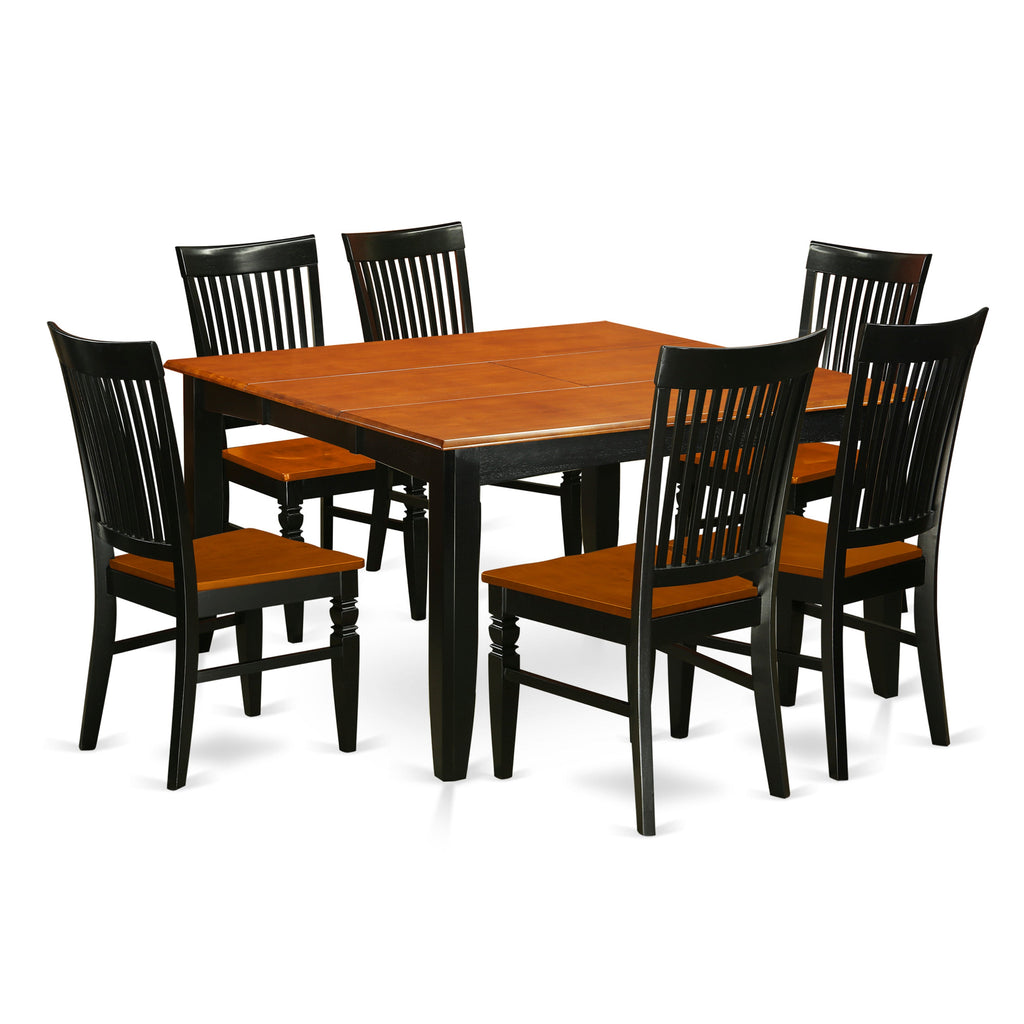 Juego de mesa de cocina de 7 piezas East West Furniture PFWE7-BCH-W compuesto por una mesa de comedor cuadrada con hojas de mariposa y 6 sillas de comedor.