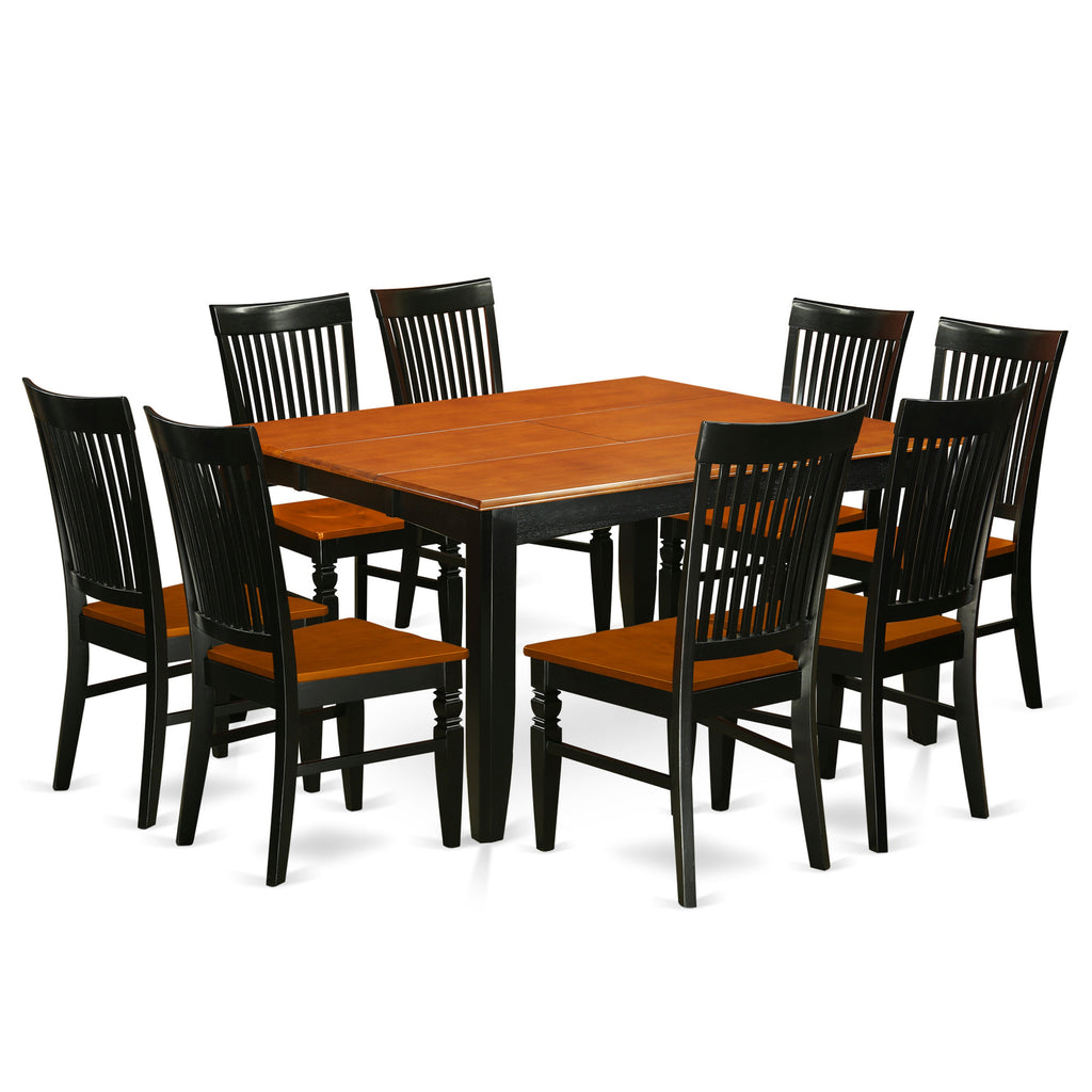 El juego de mesa de comedor de 9 piezas PFWE9-BCH-W de East West Furniture incluye una mesa de comedor cuadrada con hojas de mariposa y 8 sillas con asiento de madera.