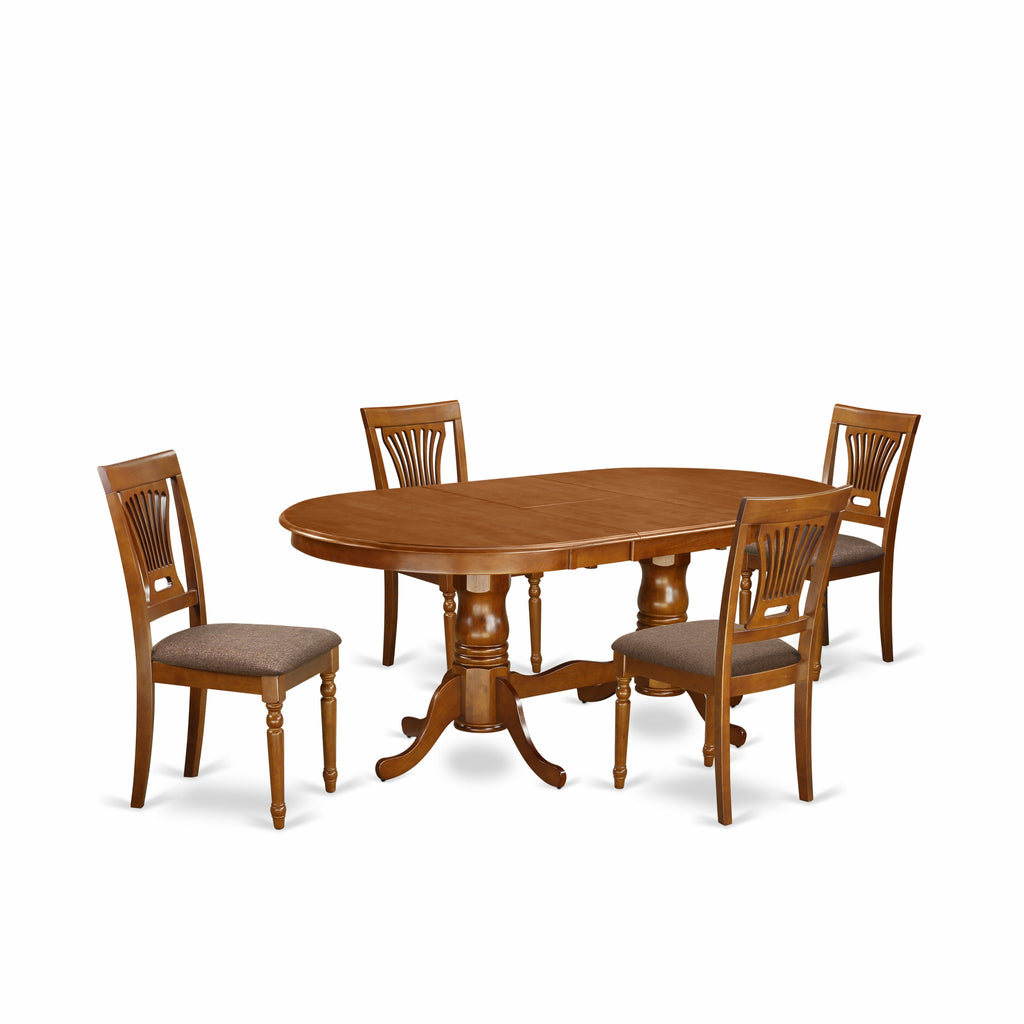 Juego de comedor de 5 piezas East West Furniture PLAI5-SBR-C para 4 personas. Incluye una mesa de comedor ovalada con hojas de mariposa y 4 sillas de comedor de tela de lino.