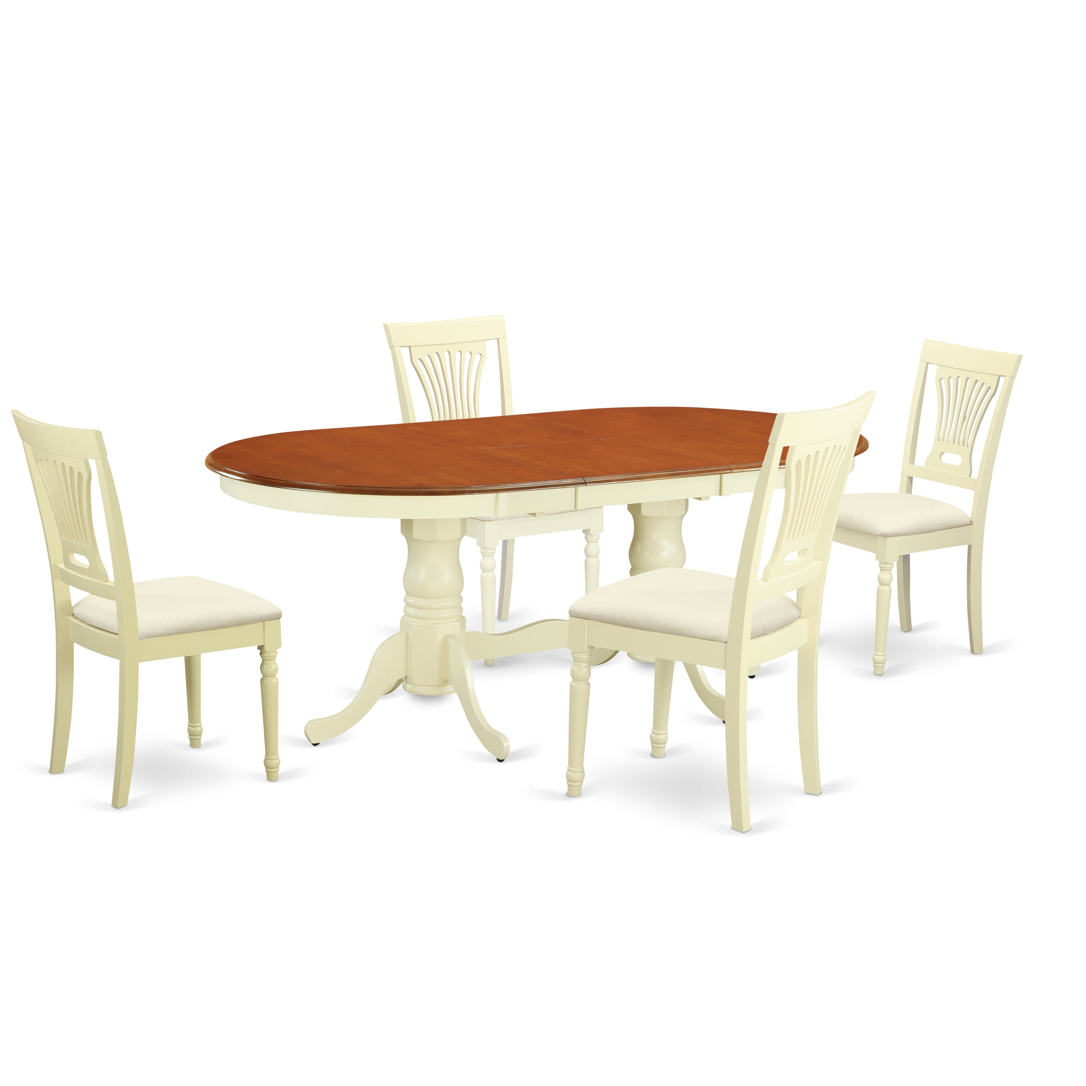 Juego de mesa y sillas de cocina de 5 piezas PLAI5-WHI-C de East West Furniture. Incluye una mesa de comedor ovalada con hojas de mariposa y 4 sillas tapizadas en tela de lino.