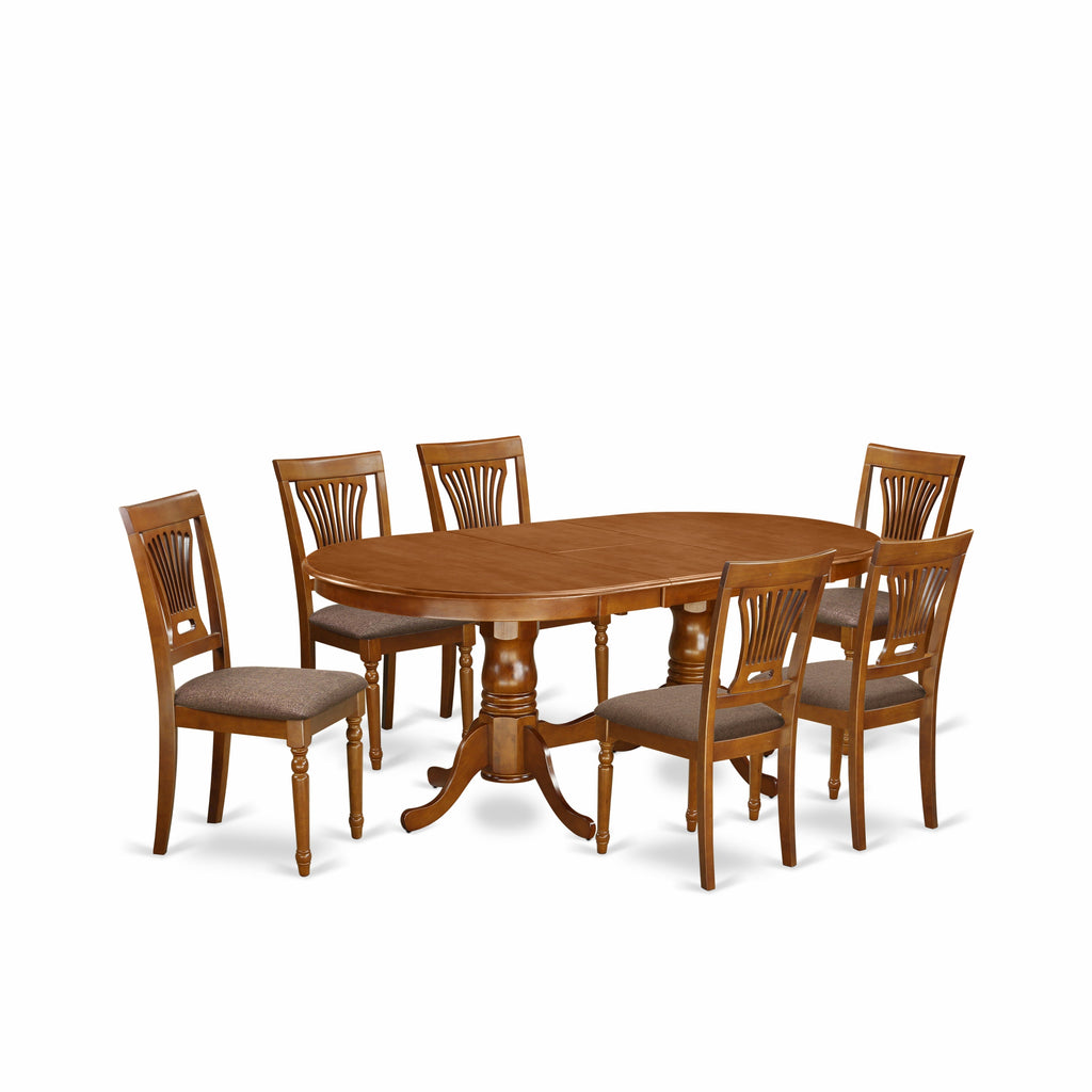 Juego de mesa de cocina de 7 piezas PLAI7-SBR-C de East West Furniture: mesa de comedor ovalada con diseño de hojas de mariposa y 6 sillas de comedor de tela de lino.