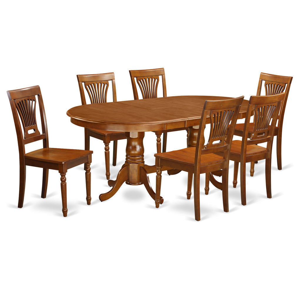 Juego de comedor de 7 piezas PLAI7-SBR-W de East West Furniture: mesa de cocina ovalada con diseño de hojas de mariposa y 6 sillas de comedor.