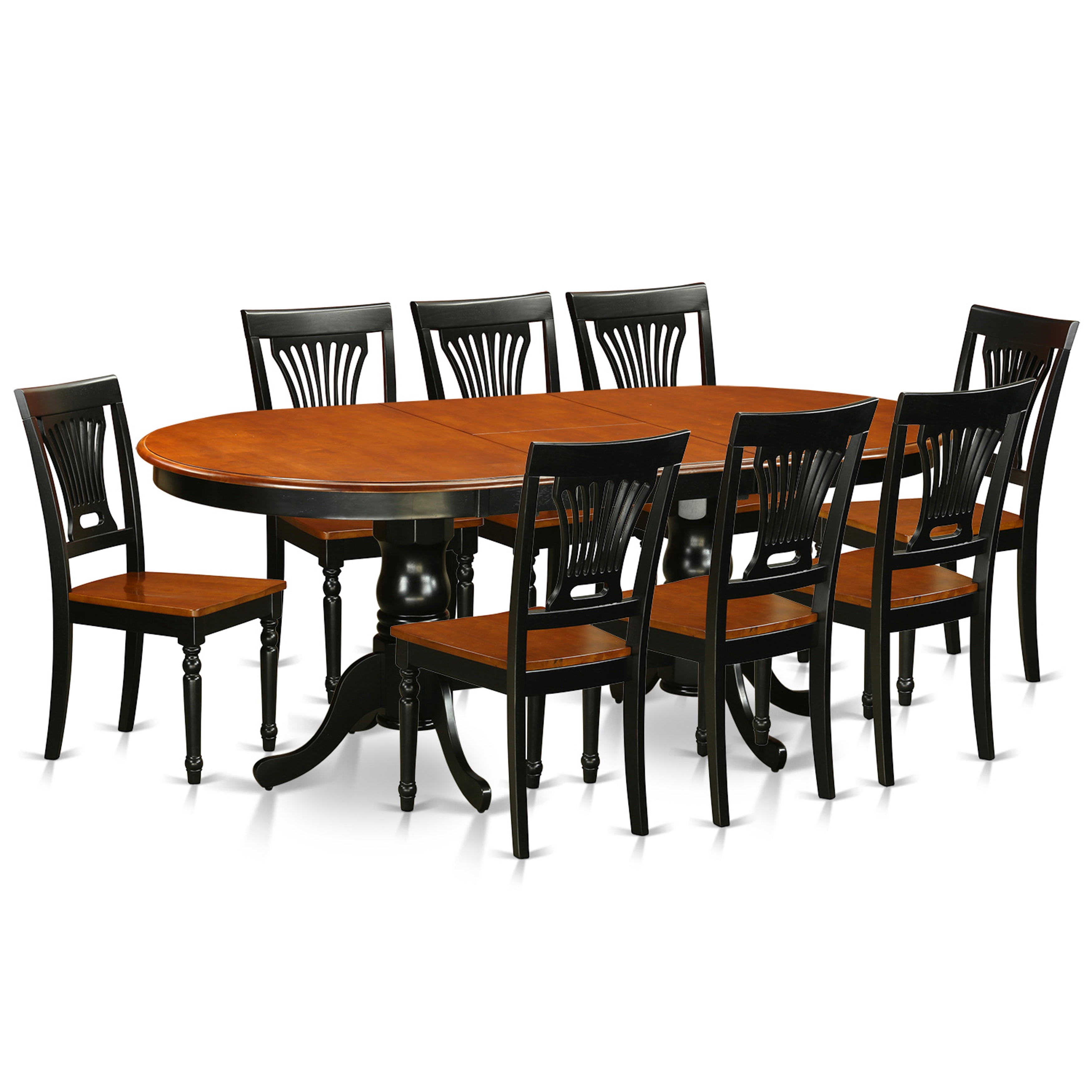 El juego de mesa de cocina de 9 piezas PLAI9-BLK-W de East West Furniture incluye una mesa de comedor ovalada con hojas de mariposa y 8 sillas de comedor.