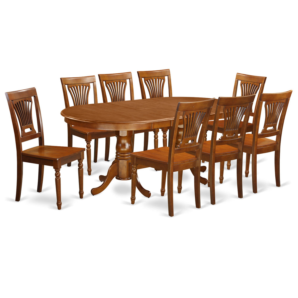 El juego de mesa de comedor de 9 piezas PLAI9-SBR-W de East West Furniture incluye una mesa ovalada de madera con hojas de mariposa y 8 sillas de comedor de cocina.