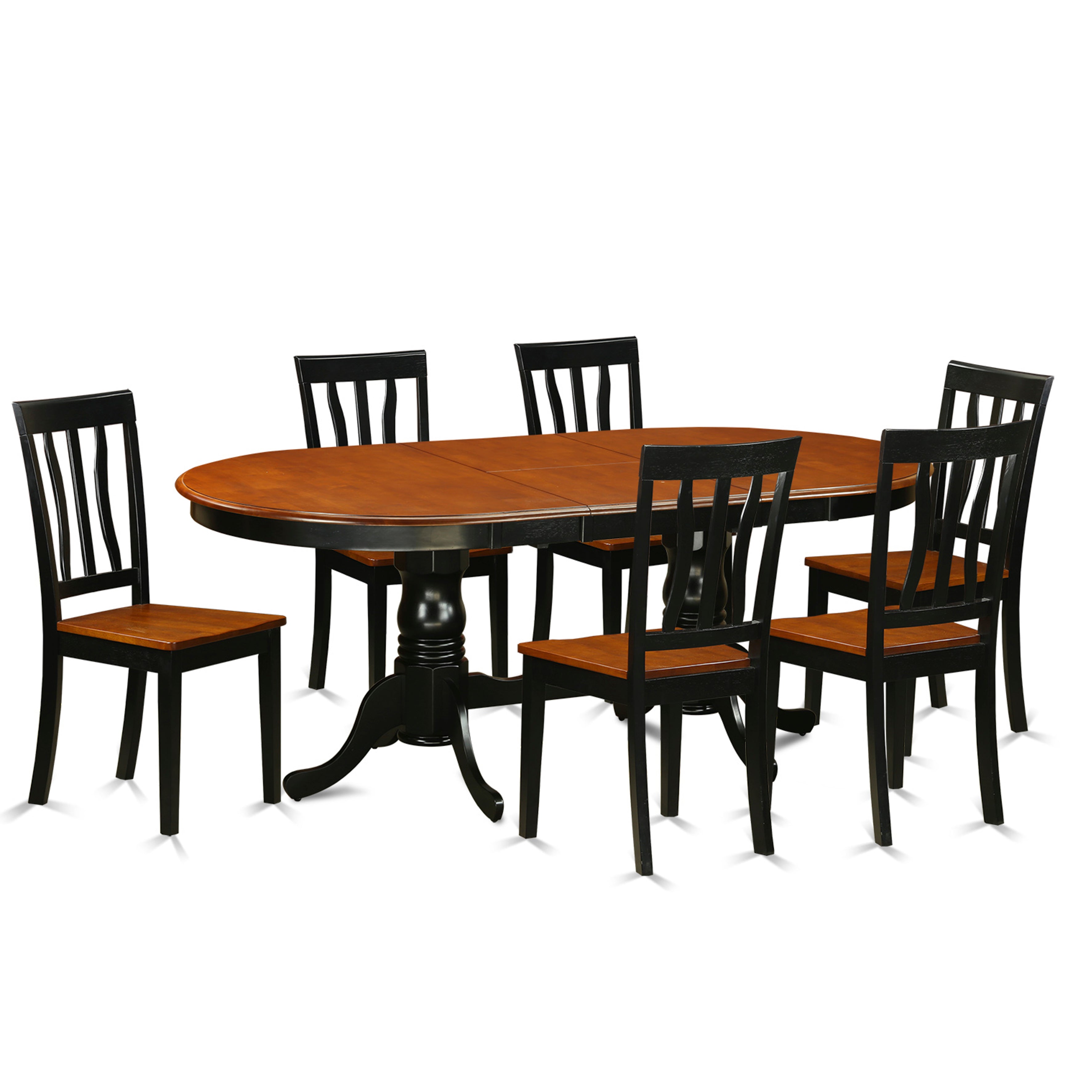 Juego de mesa de comedor moderna de 7 piezas East West Furniture PLAN7-BCH-W compuesto por una mesa ovalada de madera con hojas de mariposa y 6 sillas de comedor de cocina.