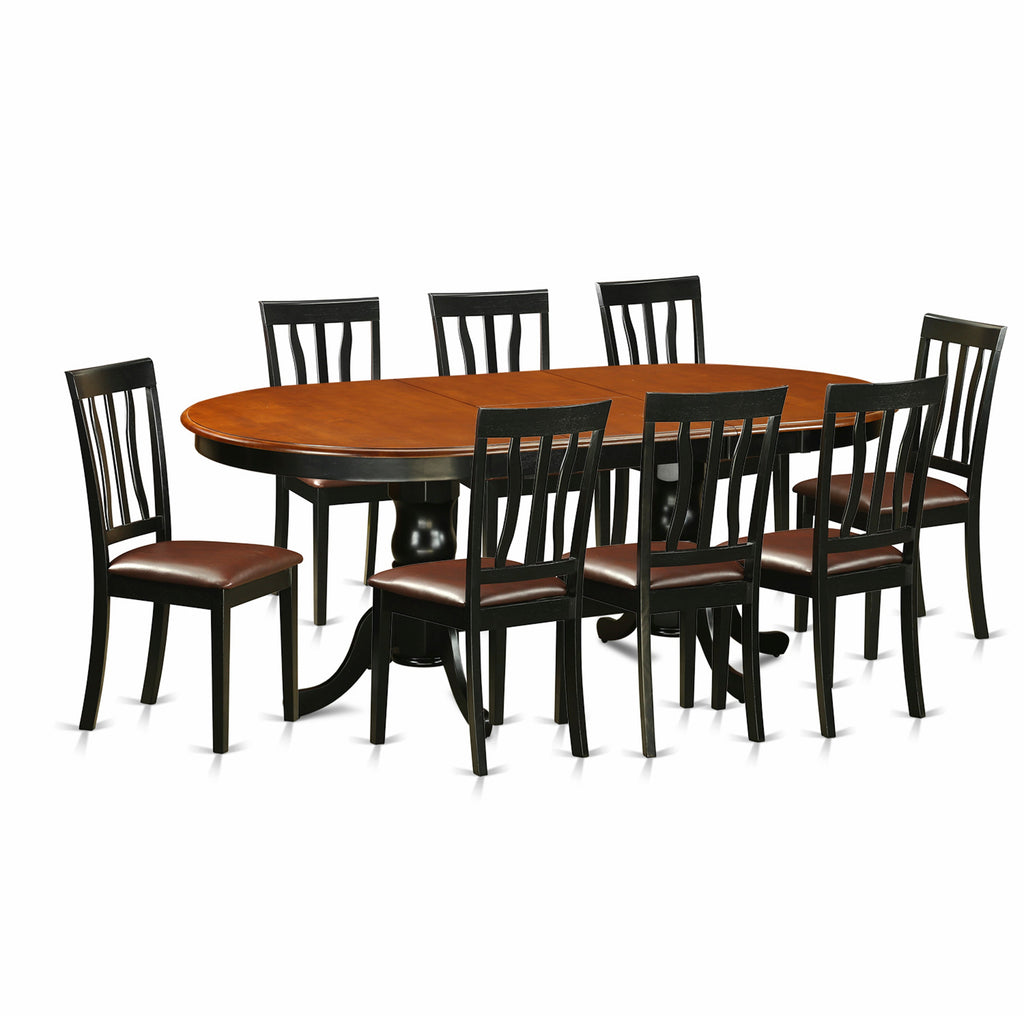 El juego de mesa de comedor de 9 piezas PLAN9-BCH-LC de East West Furniture incluye una mesa de cocina ovalada con hojas de mariposa y 8 sillas de comedor tapizadas en piel sintética.
