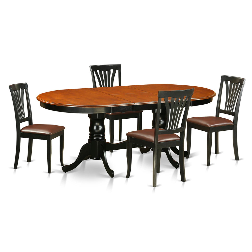 Juego de mesa y sillas de cocina de 5 piezas East West Furniture PLAV5-BCH-LC. Incluye una mesa de comedor ovalada con hojas de mariposa y 4 sillas de comedor de cuero sintético.