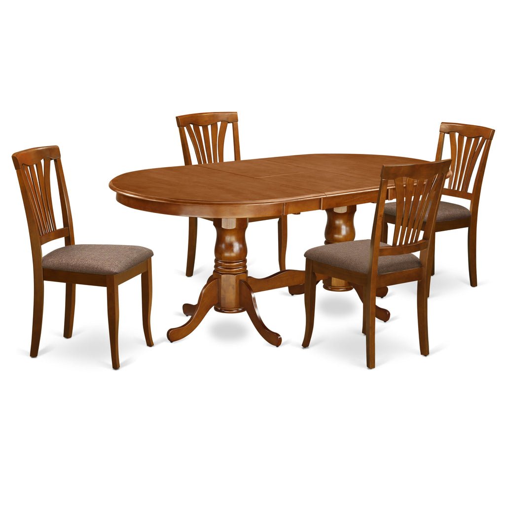 El juego de mesa de comedor de 5 piezas East West Furniture PLAV5-SBR-C incluye una mesa ovalada de madera con hojas de mariposa y 4 sillas de comedor de cocina de tela de lino.