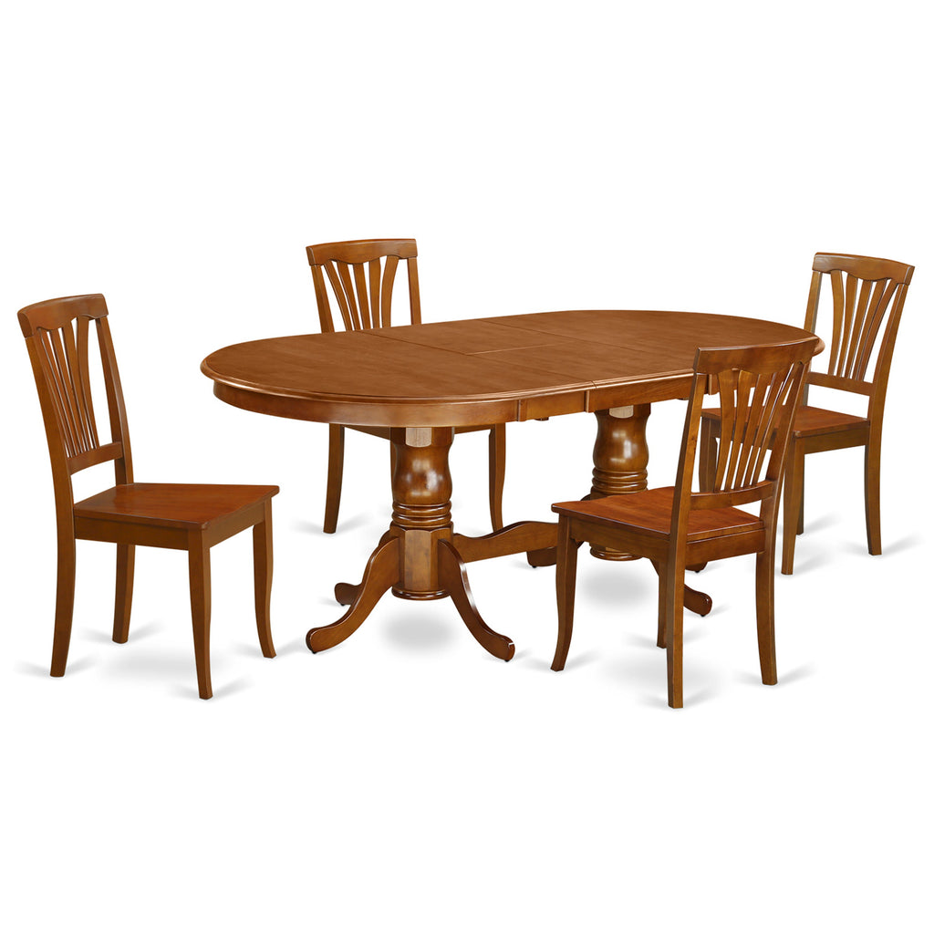 Juego de mesa de cocina de 5 piezas East West Furniture PLAV5-SBR-W para 4 personas. Incluye una mesa de comedor ovalada con diseño de hojas de mariposa y 4 sillas de comedor.