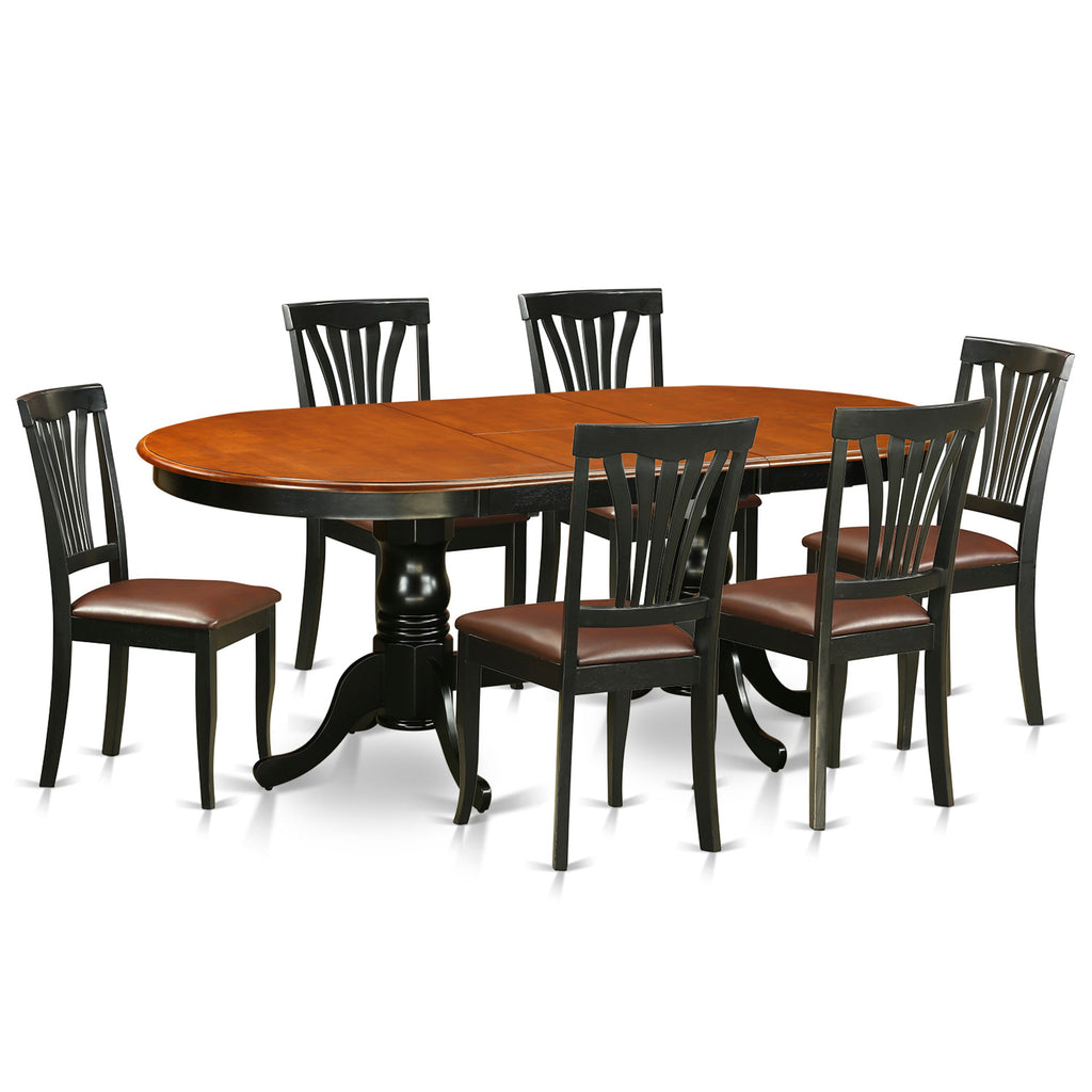 Juego de mesa de comedor de 7 piezas East West Furniture PLAV7-BCH-LC compuesto por una mesa de comedor ovalada con hojas de mariposa y 6 sillas de comedor de cuero sintético.