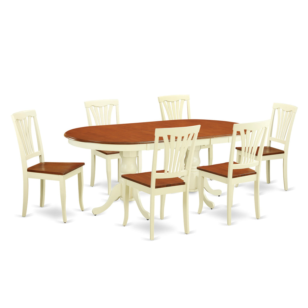 Juego de comedor de 7 piezas East West Furniture PLAV7-WHI-W compuesto por una mesa de comedor ovalada con hojas de mariposa y 6 sillas con asiento de madera.