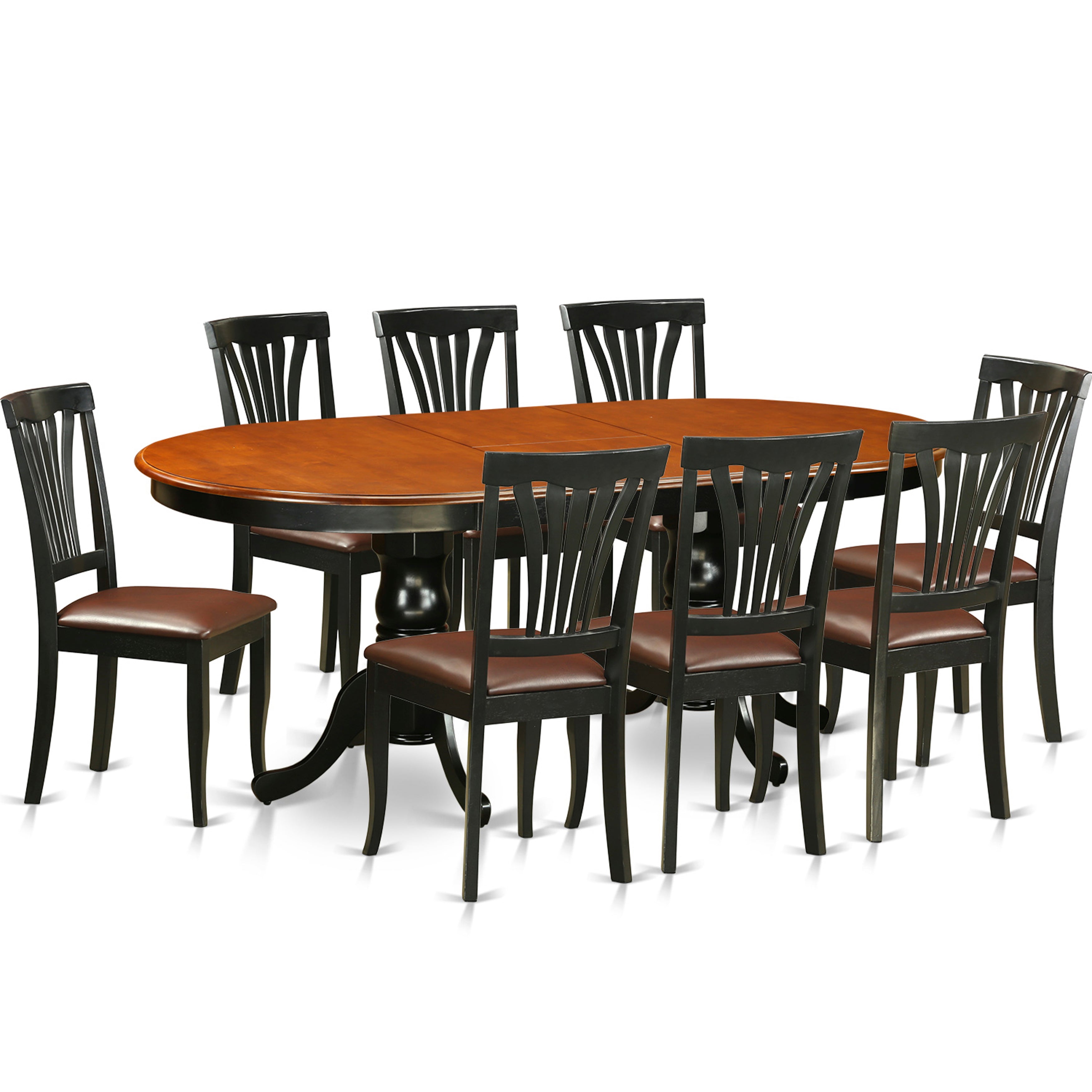 El juego de mesa de comedor de 9 piezas East West Furniture PLAV9-BCH-LC incluye una mesa de cocina ovalada con hojas de mariposa y 8 sillas de comedor tapizadas en piel sintética.