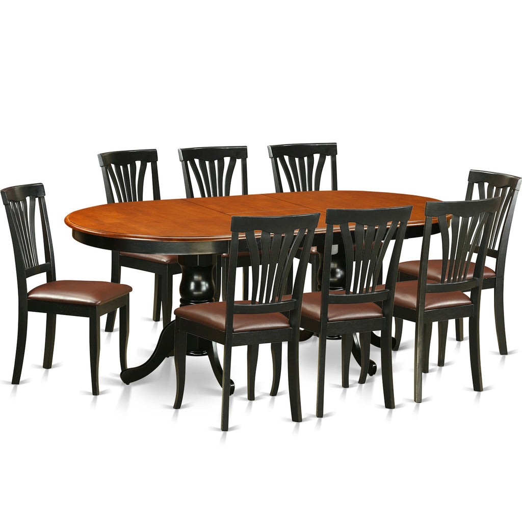 El juego de mesa de comedor de 9 piezas East West Furniture PLAV9-BCH-LC incluye una mesa de cocina ovalada con hojas de mariposa y 8 sillas de comedor tapizadas en piel sintética.