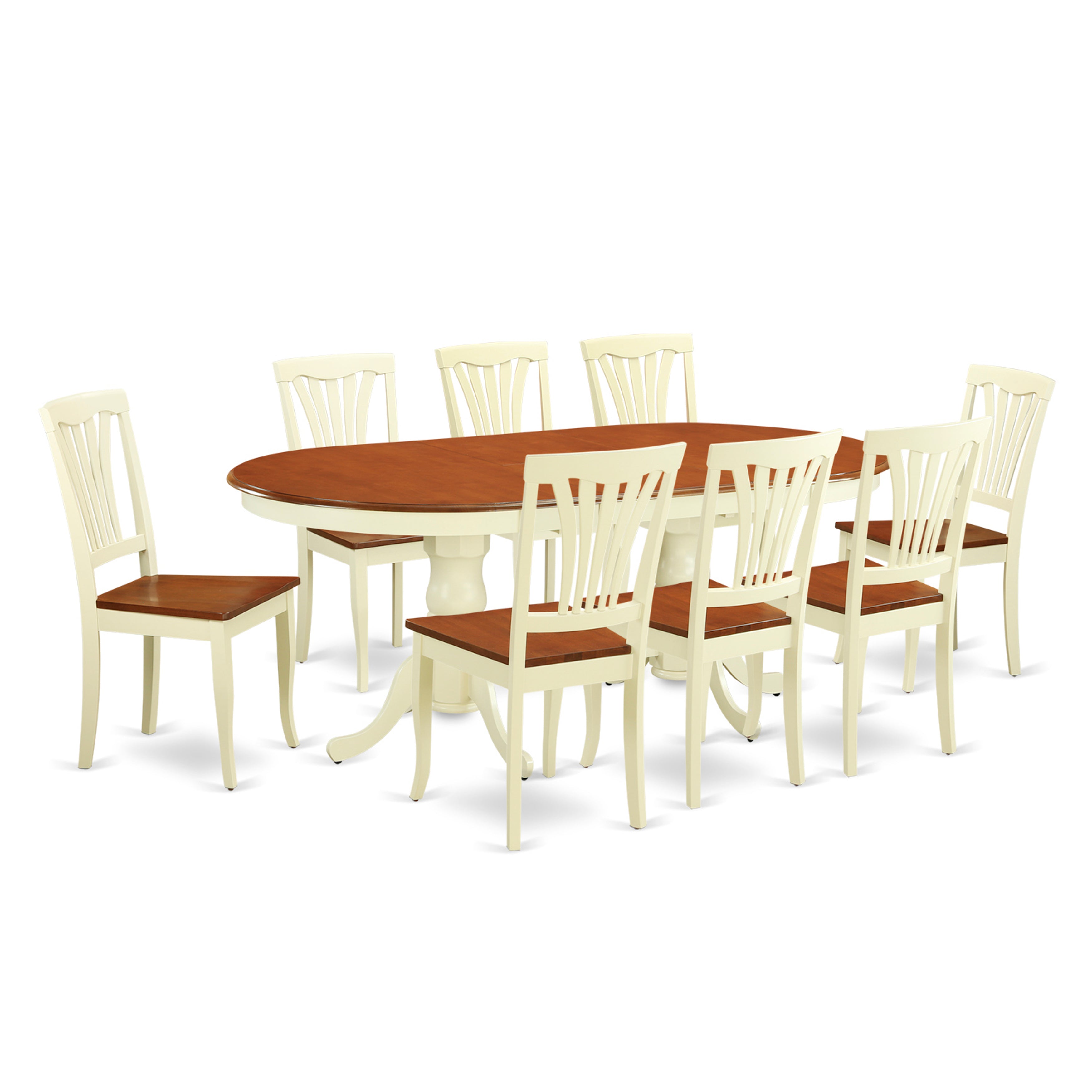 El juego de comedor de 9 piezas East West Furniture PLAV9-WHI-W incluye una mesa de comedor ovalada con hojas de mariposa y 8 sillas con asiento de madera.