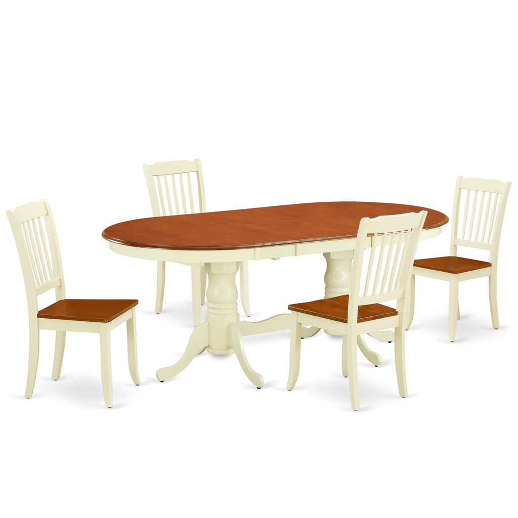 Juego de mesa y sillas de cocina de 5 piezas East West Furniture PLDA5-BMK-W. Incluye una mesa de comedor ovalada con hojas de mariposa y 4 sillas con asiento de madera maciza.