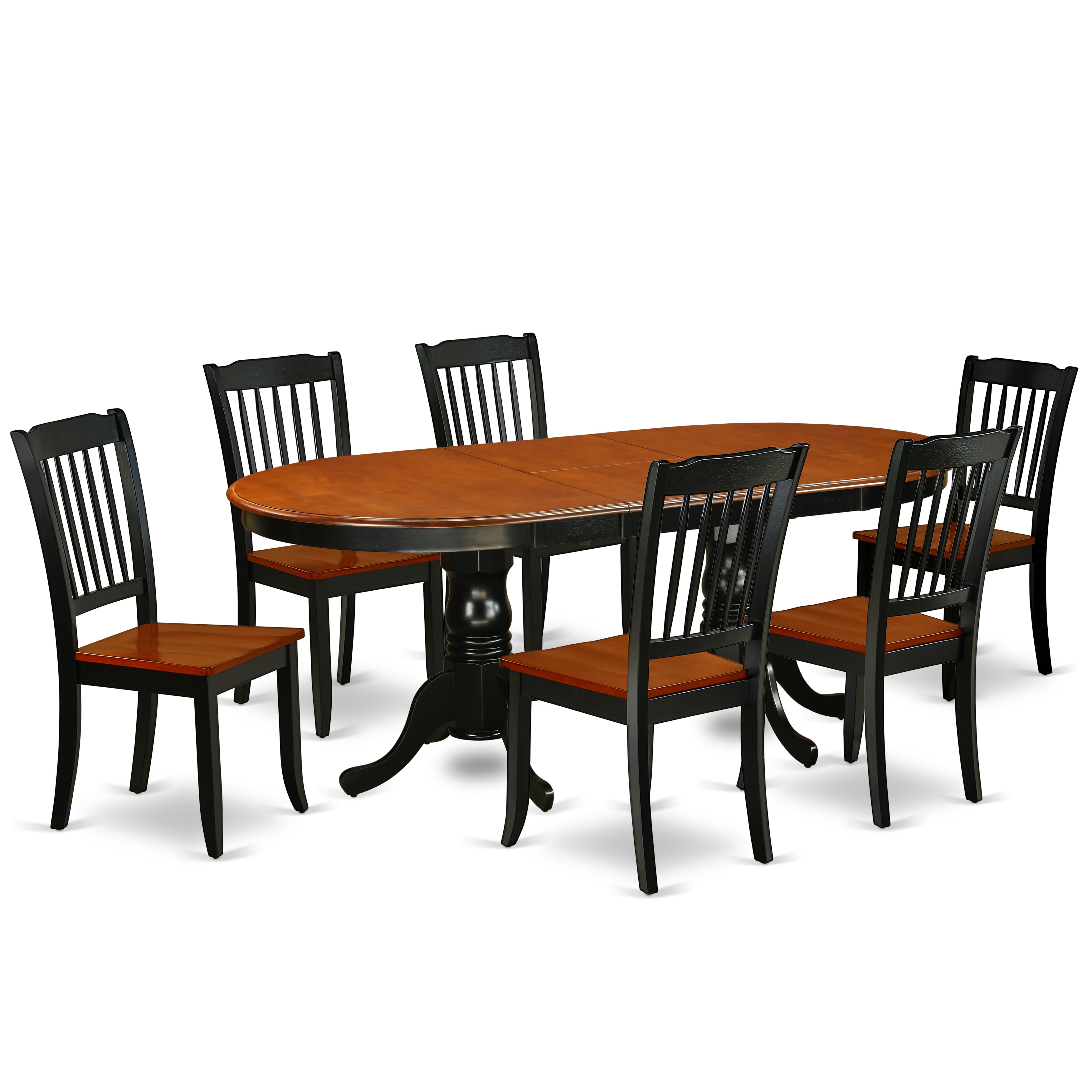Juego de comedor de 7 piezas East West Furniture PLDA7-BCH-W compuesto por una mesa de comedor ovalada con hojas de mariposa y 6 sillas con asiento de madera.