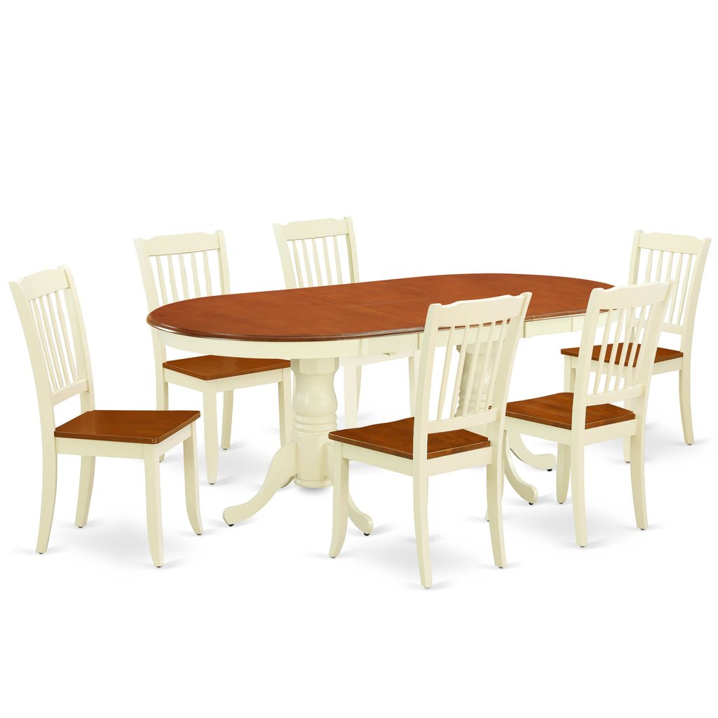 Juego de mesa de comedor de 7 piezas East West Furniture PLDA7-BMK-W compuesto por una mesa ovalada de madera con hojas de mariposa y 6 sillas de comedor de cocina.