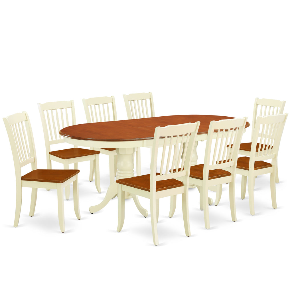 Juego de mesa y sillas de cocina de 9 piezas East West Furniture PLDA9-BMK-W. Incluye una mesa de comedor ovalada con hojas de mariposa y 8 sillas de comedor.