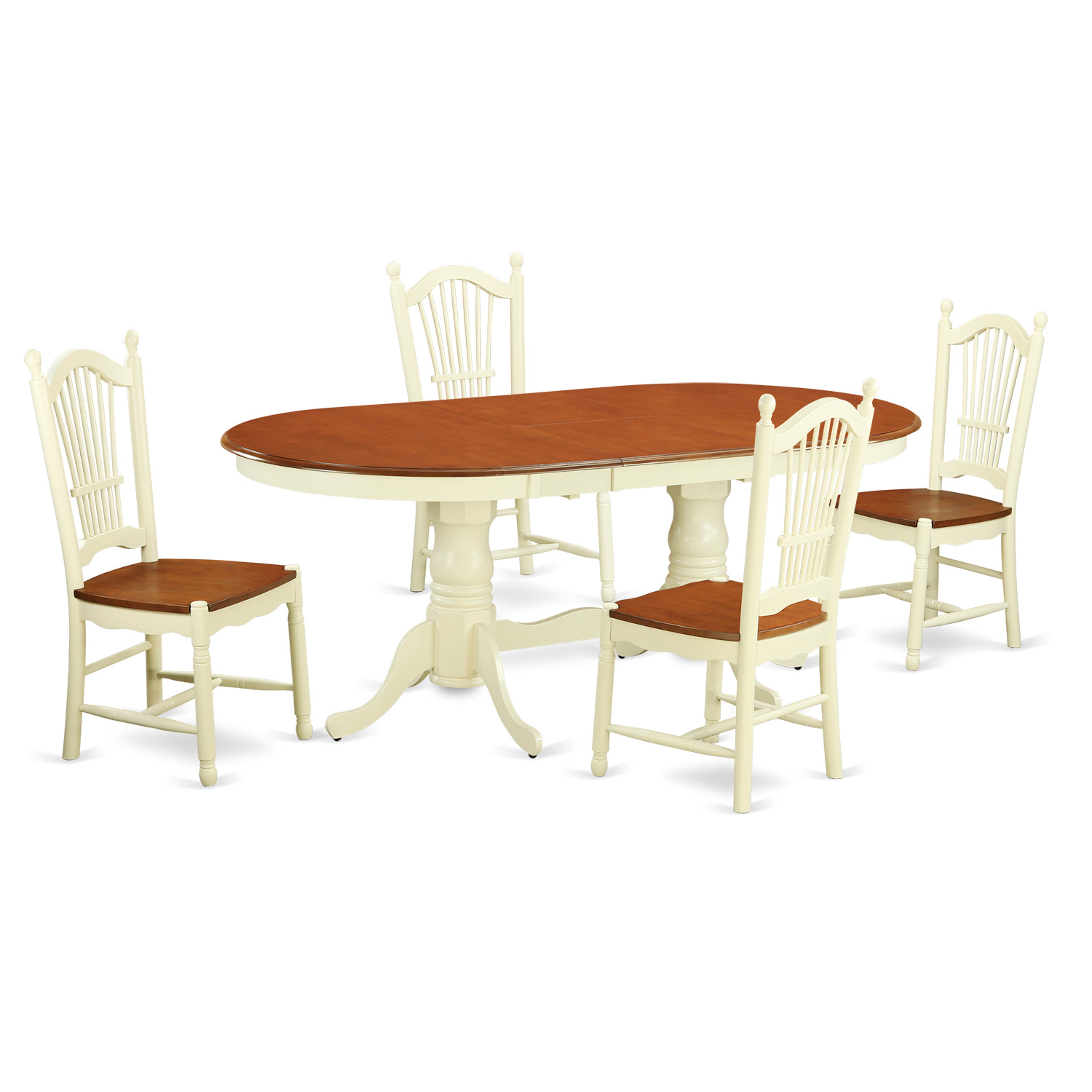 El juego de mesa de comedor moderno de 5 piezas East West Furniture PLDO5-WHI-W incluye una mesa de madera ovalada con hoja de mariposa y 4 sillas de comedor.
