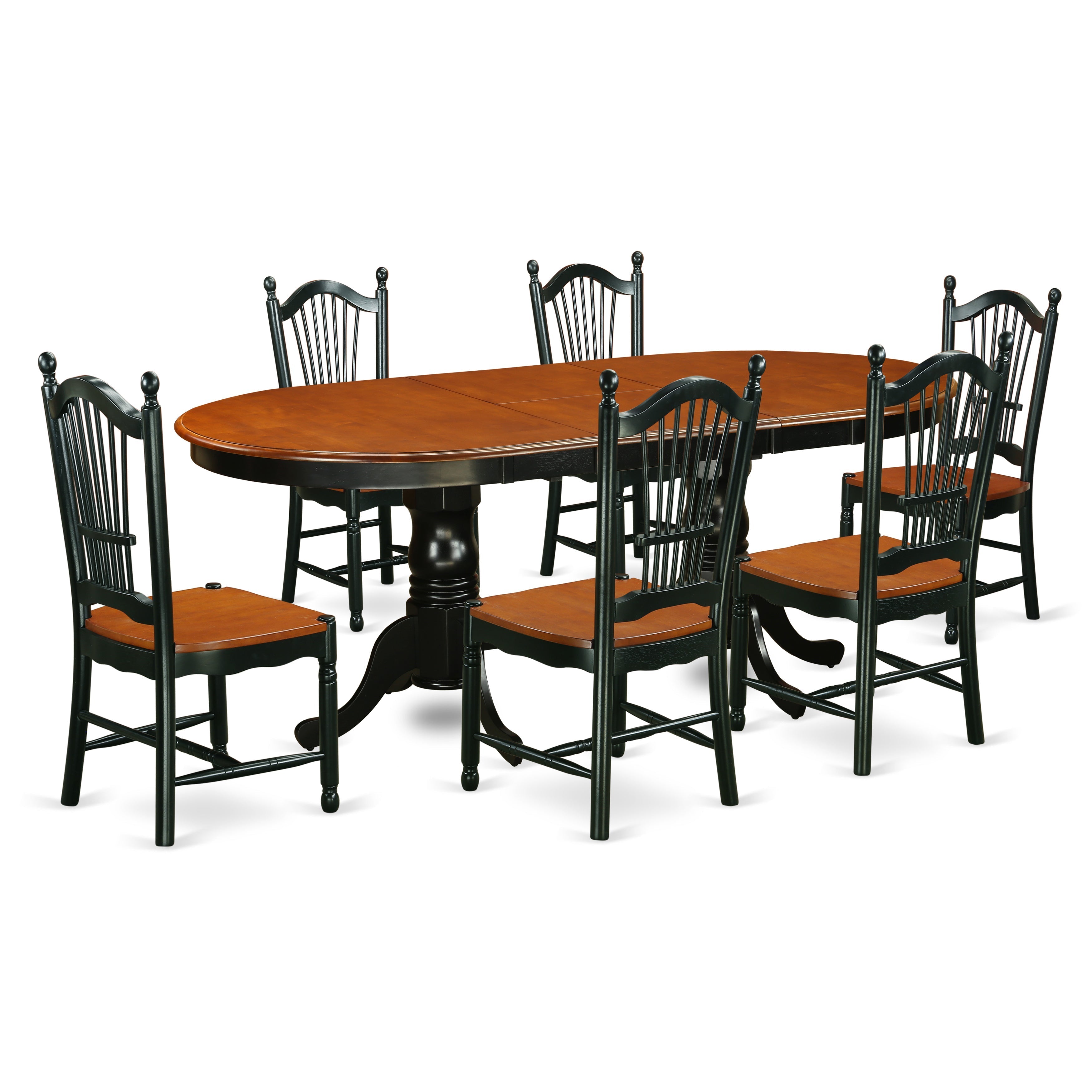 Juego de mesa de comedor de 7 piezas East West Furniture PLDO7-BCH-W compuesto por una mesa ovalada de madera con hojas de mariposa y 6 sillas de comedor de cocina.