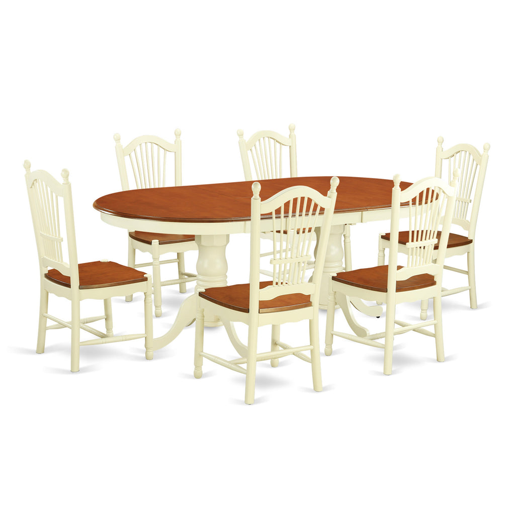 Juego de mesa de comedor moderna de 7 piezas East West Furniture PLDO7-WHI-W. Incluye una mesa ovalada de madera con hojas de mariposa y 6 sillas de comedor de cocina.