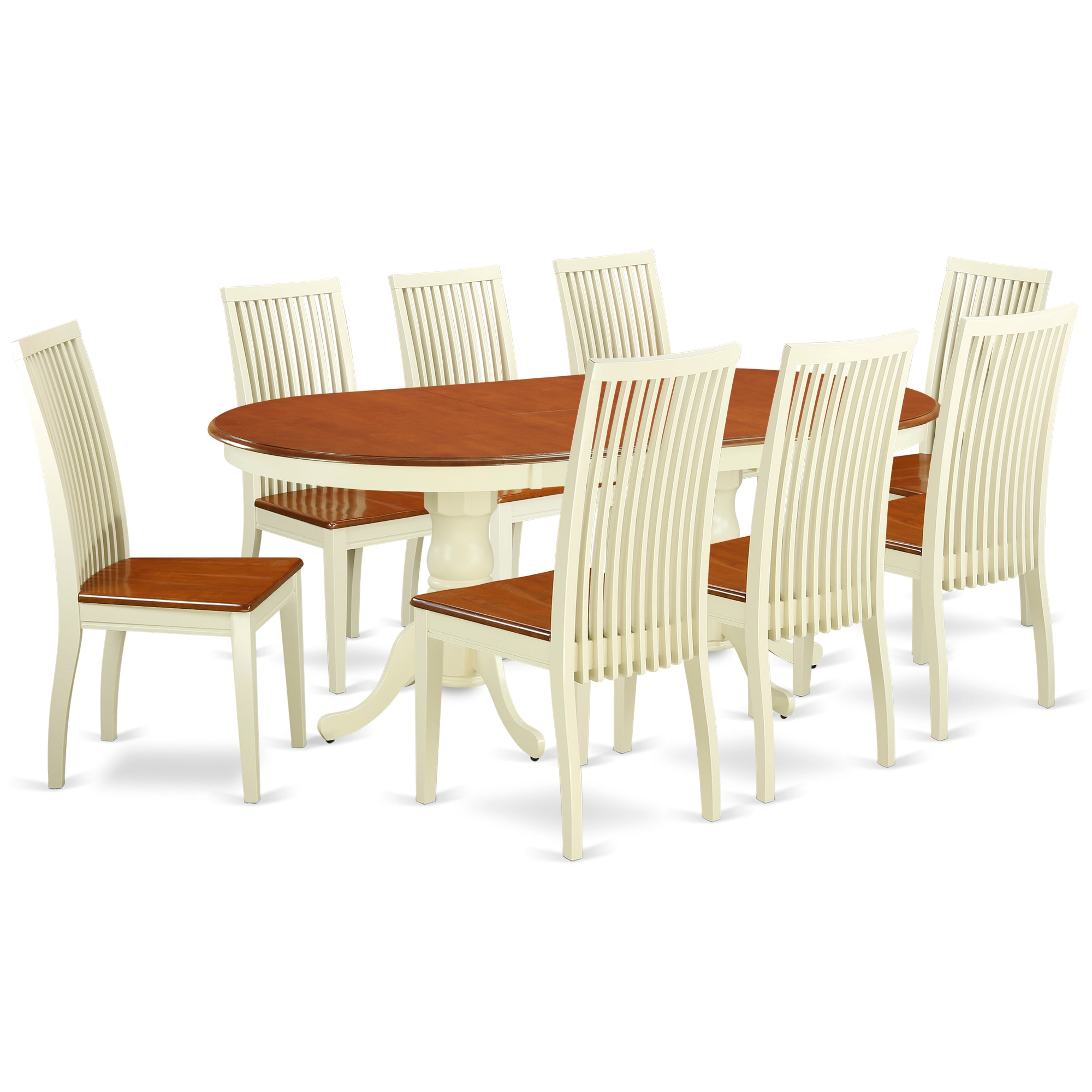 El juego de mesa de comedor de 9 piezas East West Furniture PLIP9-BMK-W incluye una mesa de cocina ovalada con hojas de mariposa y 8 sillas de comedor.