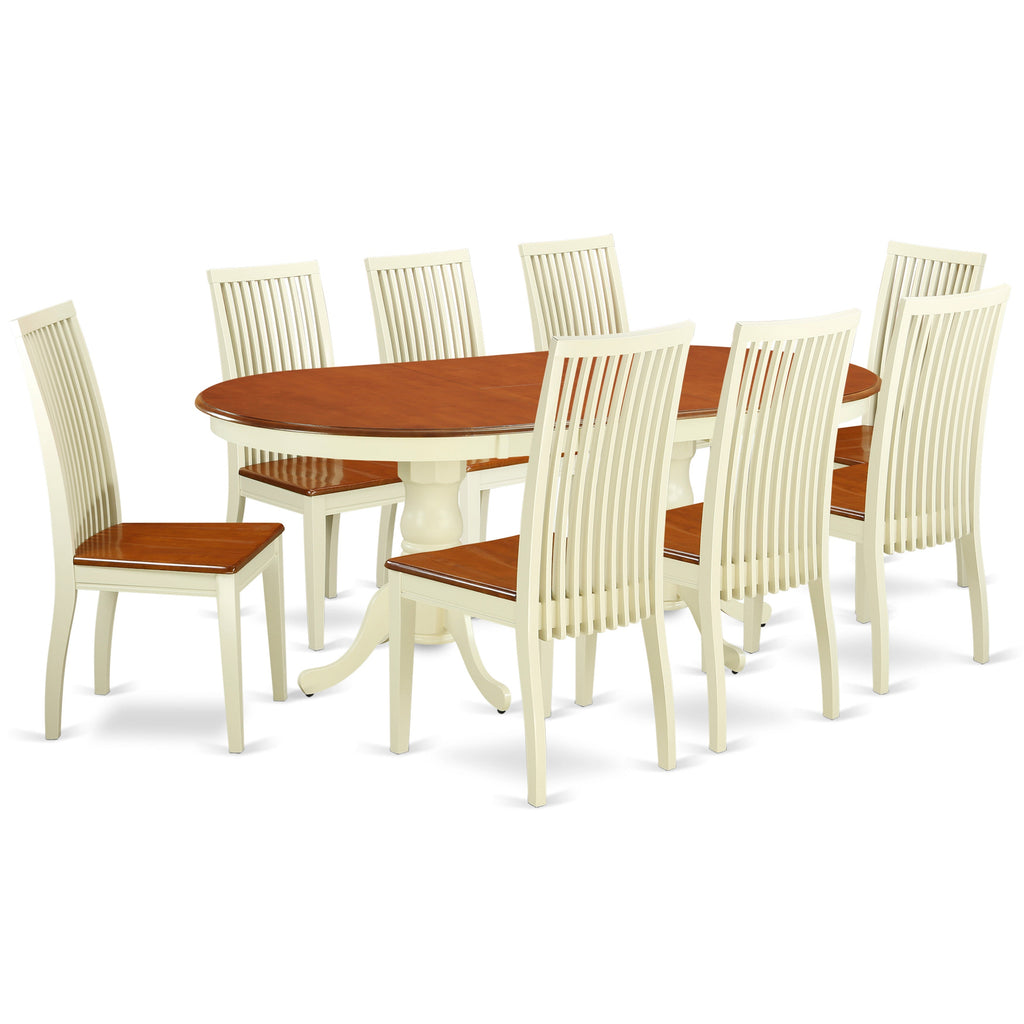 El juego de mesa de comedor de 9 piezas East West Furniture PLIP9-BMK-W incluye una mesa de cocina ovalada con hojas de mariposa y 8 sillas de comedor.