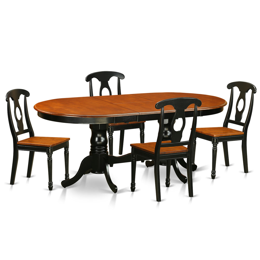 Juego de mesa y sillas de cocina de 5 piezas PLKE5-BCH-W de East West Furniture. Incluye una mesa de comedor ovalada con hojas de mariposa y 4 sillas con asiento de madera maciza.