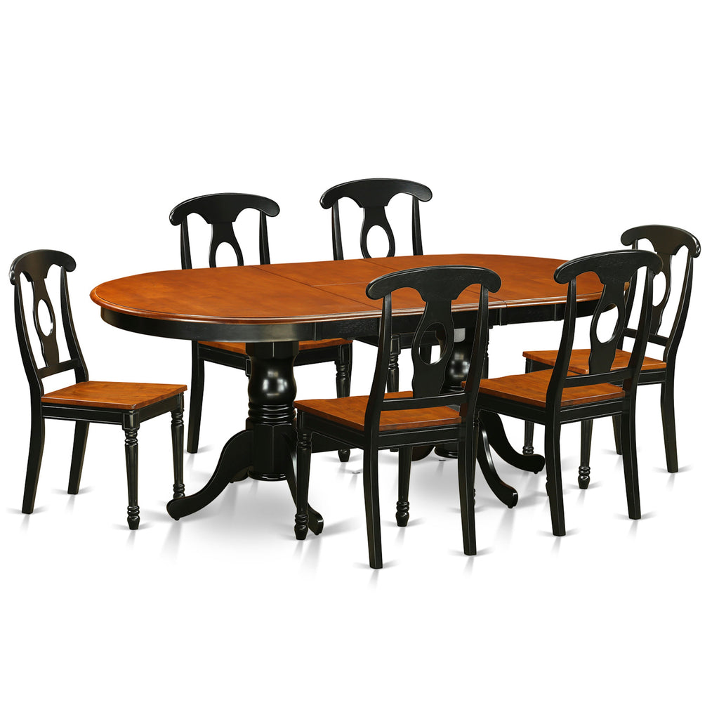 Juego de mesa y sillas de cocina de 7 piezas PLKE7-BCH-W de East West Furniture. Consta de una mesa de comedor ovalada con hojas de mariposa y 6 sillas de comedor.