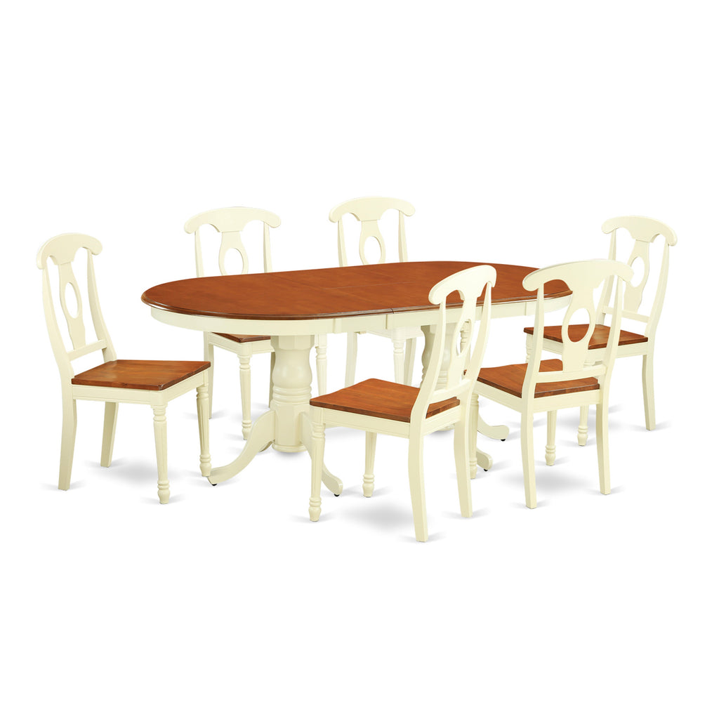 Juego de mesa de comedor moderna de 7 piezas PLKE7-WHI-W de East West Furniture. Consta de una mesa ovalada de madera con hojas de mariposa y 6 sillas de comedor.