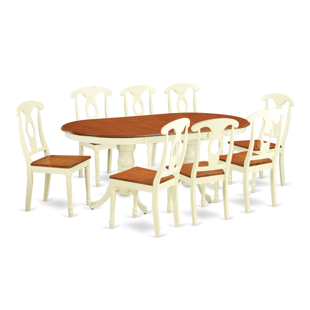 El juego de mesa de comedor de 9 piezas PLKE9-WHI-W de East West Furniture incluye una mesa de comedor ovalada con hojas de mariposa y 8 sillas de comedor.