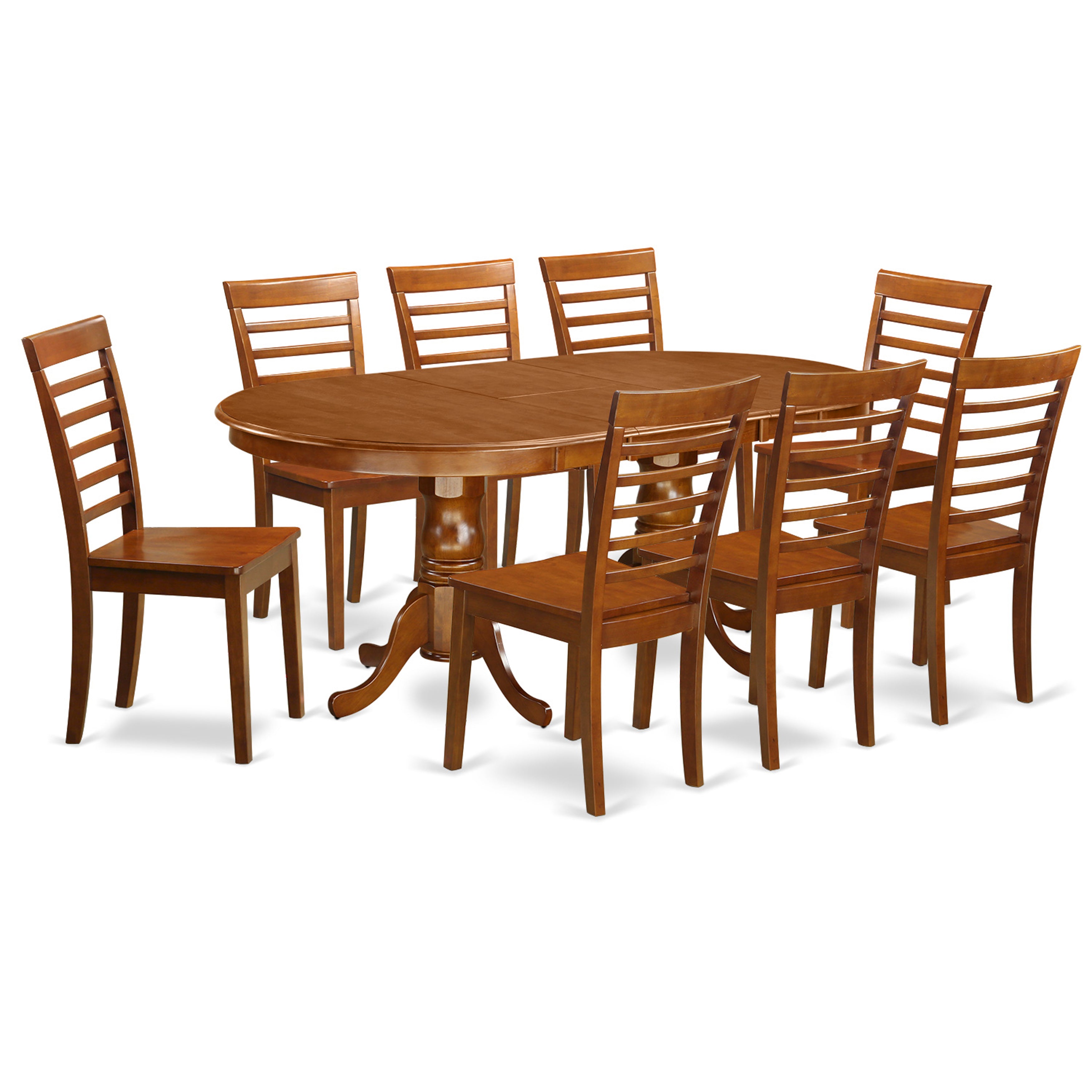 Juego de comedor de 9 piezas East West Furniture PLML9-SBR-W. Incluye una mesa de comedor ovalada con hojas de mariposa y 8 sillas de cocina.
