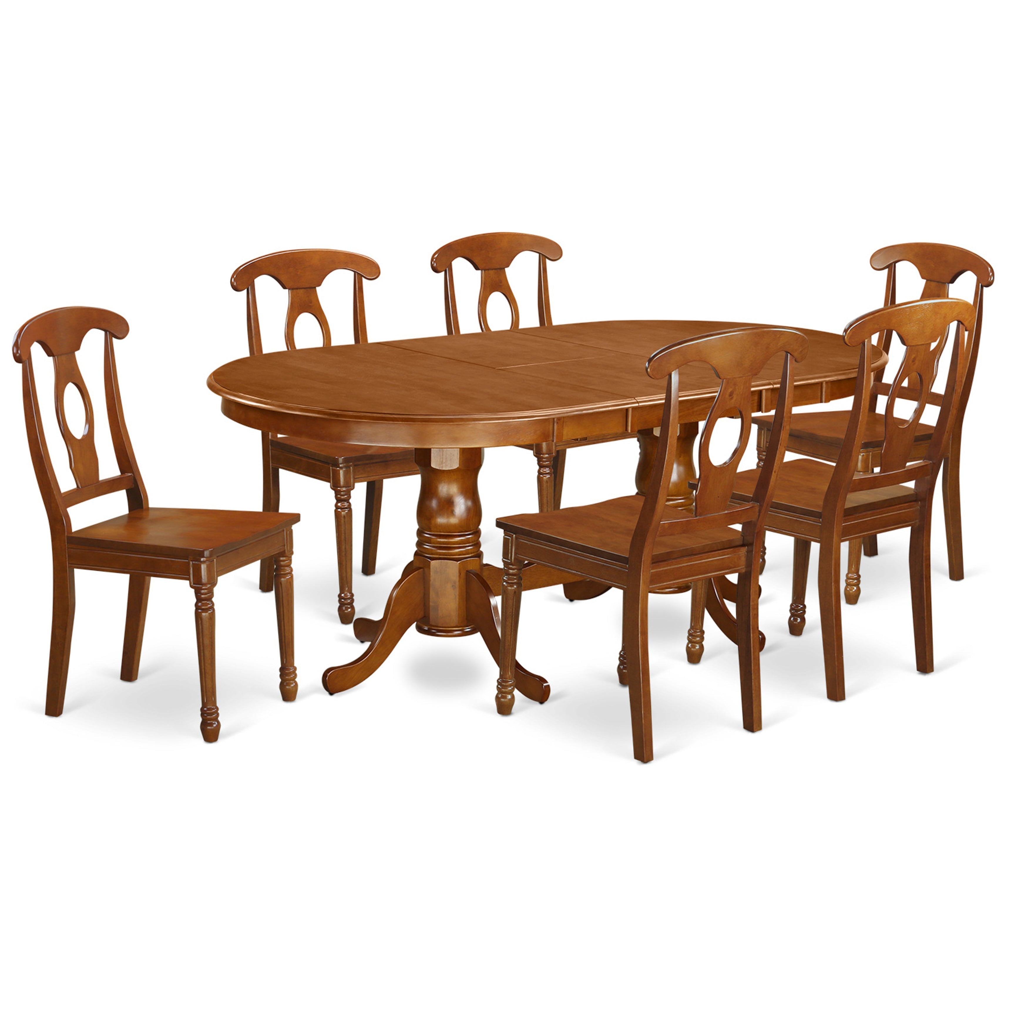 Juego de mesa de comedor de 7 piezas PLNA7-SBR-W de East West Furniture. Consta de una mesa de comedor ovalada con hojas de mariposa y 6 sillas con asiento de madera.