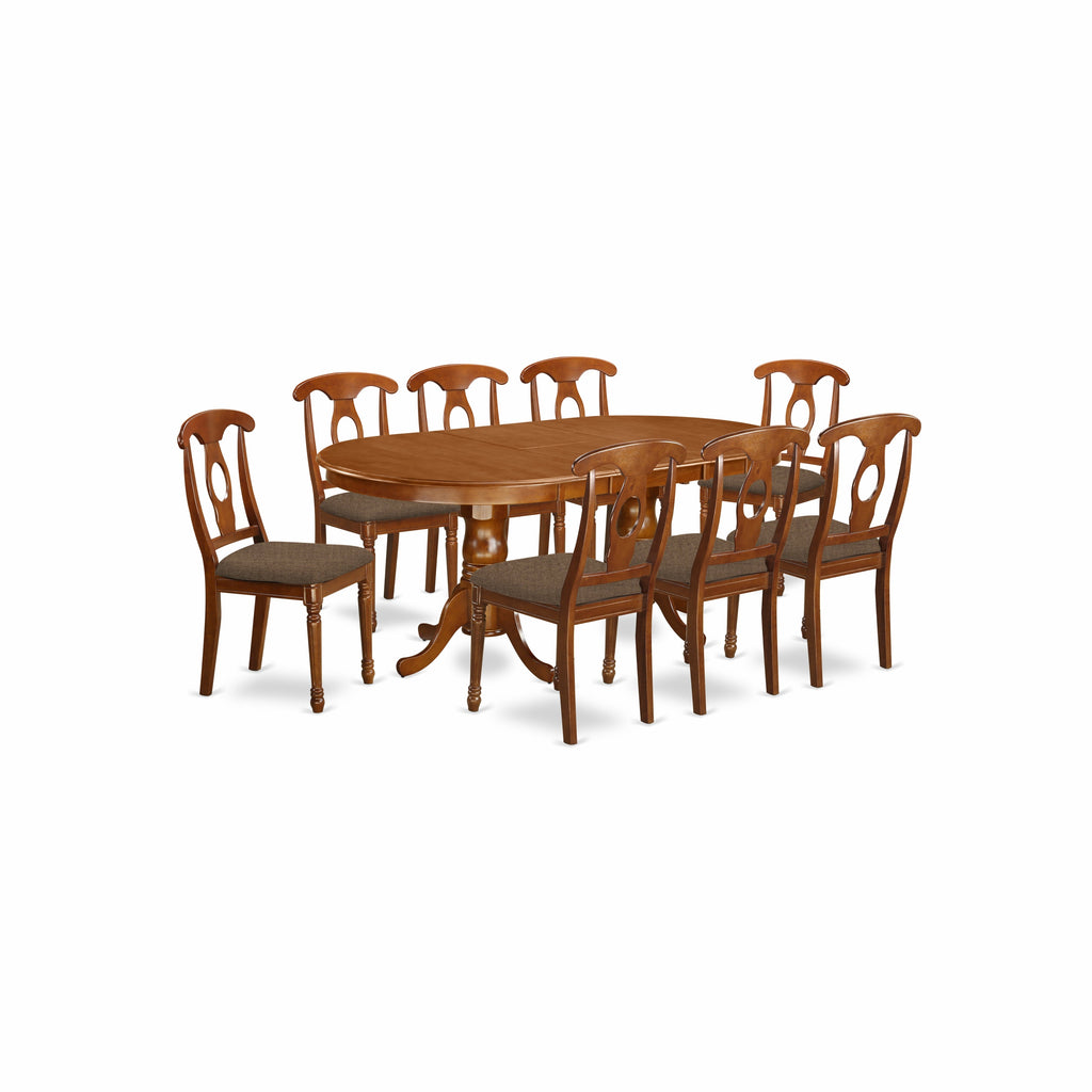 El juego de mesa de comedor de 9 piezas East West Furniture PLNA9-SBR-C incluye una mesa ovalada de madera con hojas de mariposa y 8 sillas de comedor de cocina de tela de lino.
