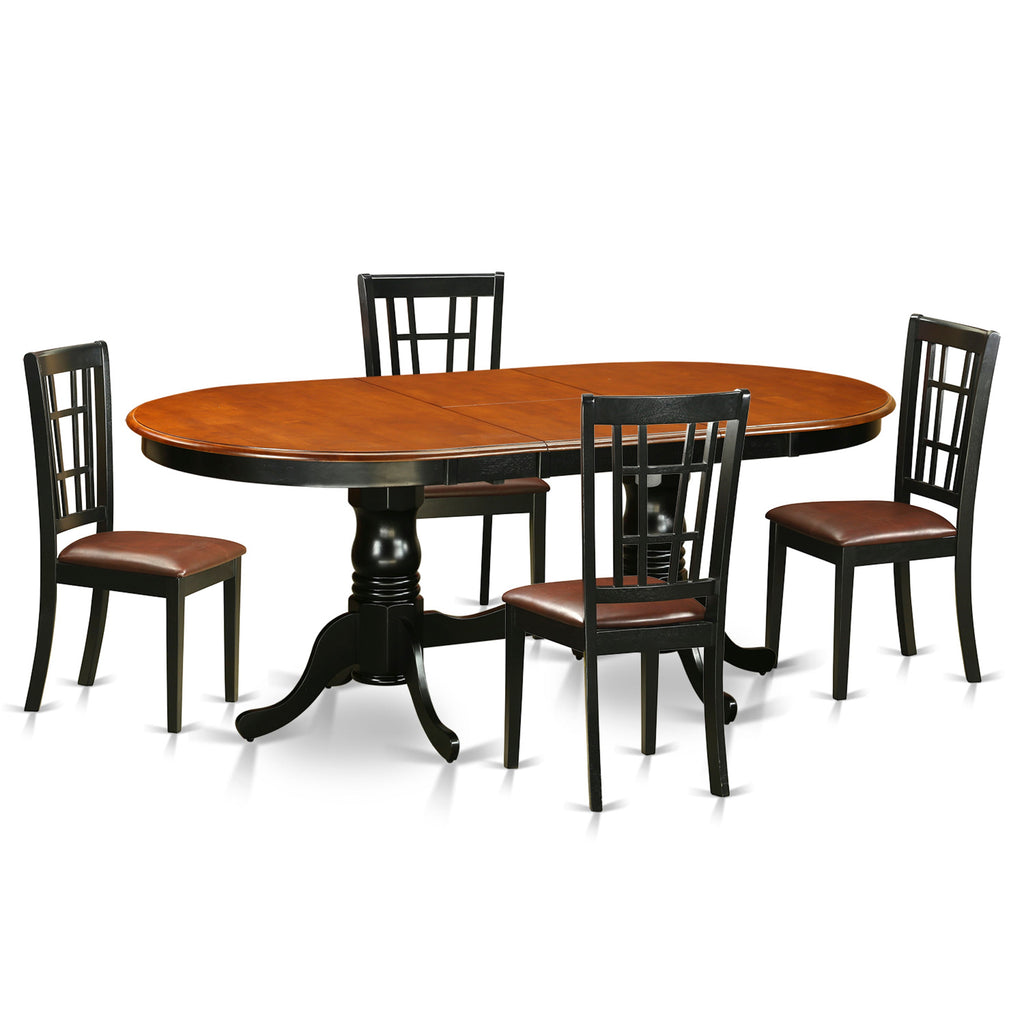 Juego de mesa de cocina de 5 piezas East West Furniture PLNI5-BCH-LC para 4 personas. Incluye una mesa de comedor ovalada con hojas de mariposa y 4 sillas tapizadas en piel sintética.