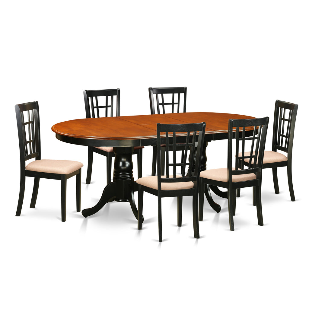 Juego de comedor de 7 piezas PLNI7-BCH-C de East West Furniture: mesa de cocina ovalada con diseño de hojas de mariposa y 6 sillas tapizadas en tela de lino.
