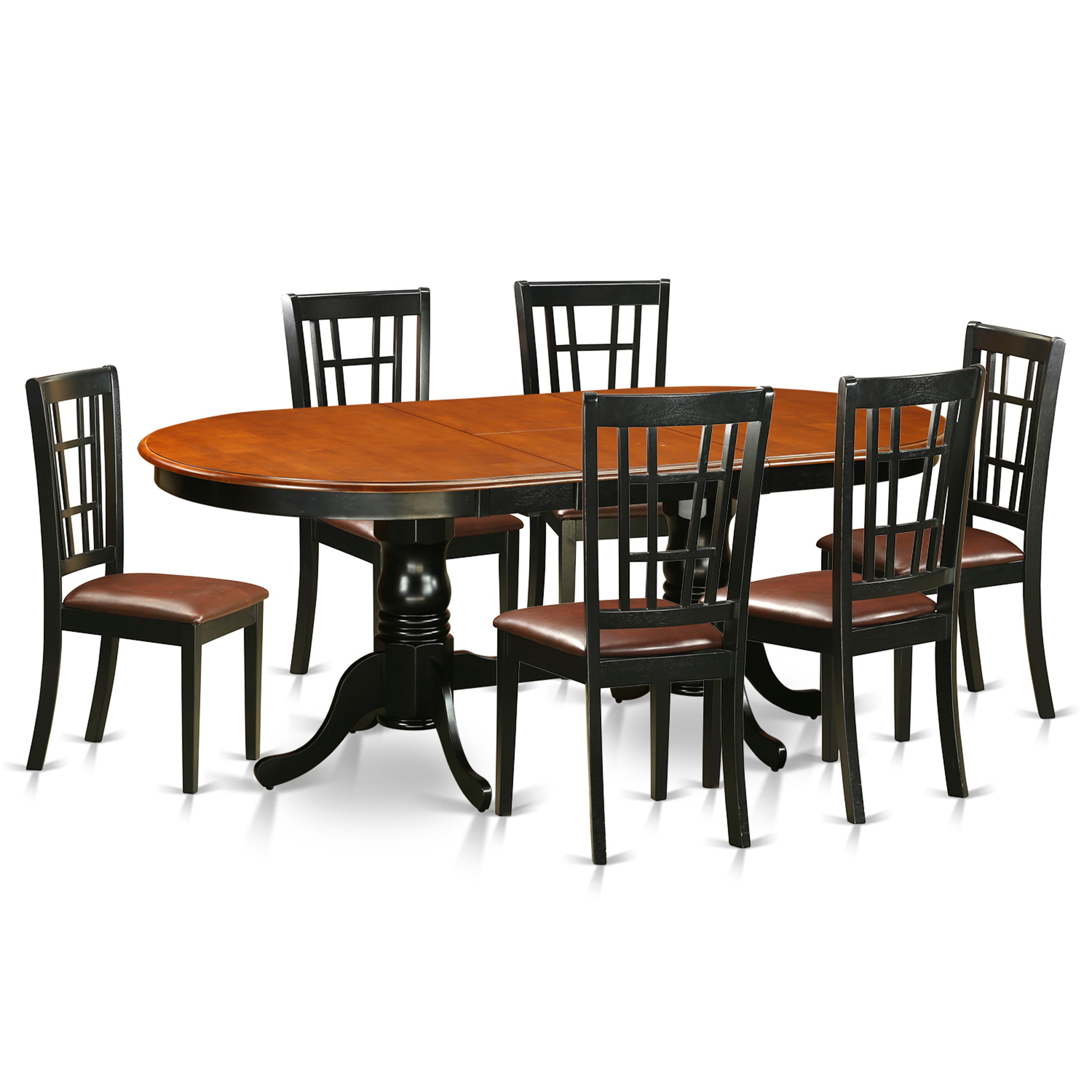 Juego de mesa de comedor moderna de 7 piezas East West Furniture PLNI7-BCH-LC. Incluye una mesa ovalada de madera con hojas de mariposa y 6 sillas de comedor de piel sintética.