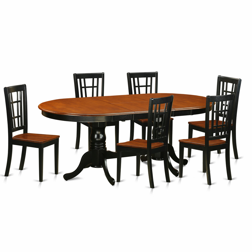 Juego de comedor de 7 piezas PLNI7-BCH-W de East West Furniture. Consta de una mesa de comedor ovalada con hojas de mariposa y 6 sillas con asiento de madera.
