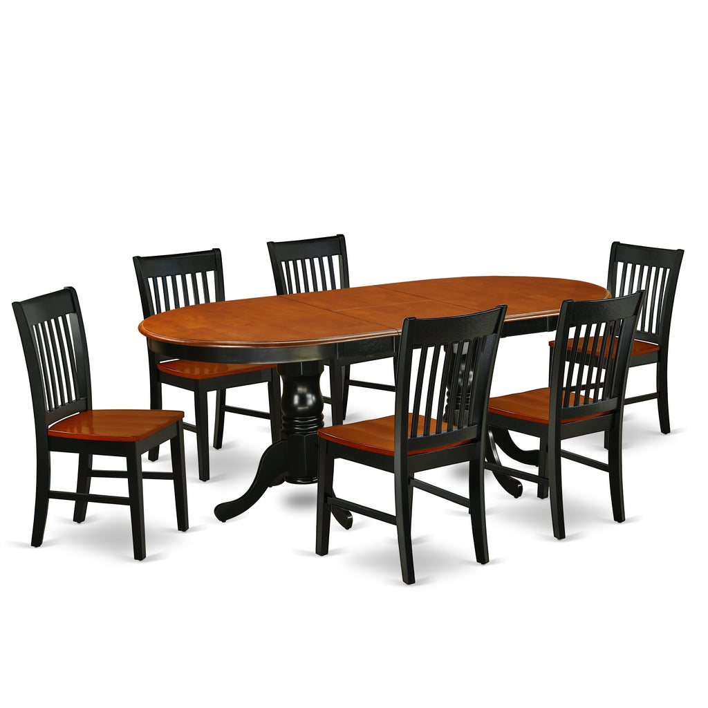 Juego de mesa de comedor de 7 piezas East West Furniture PLNO7-BCH-W compuesto por una mesa de comedor ovalada con hojas de mariposa y 6 sillas con asiento de madera.