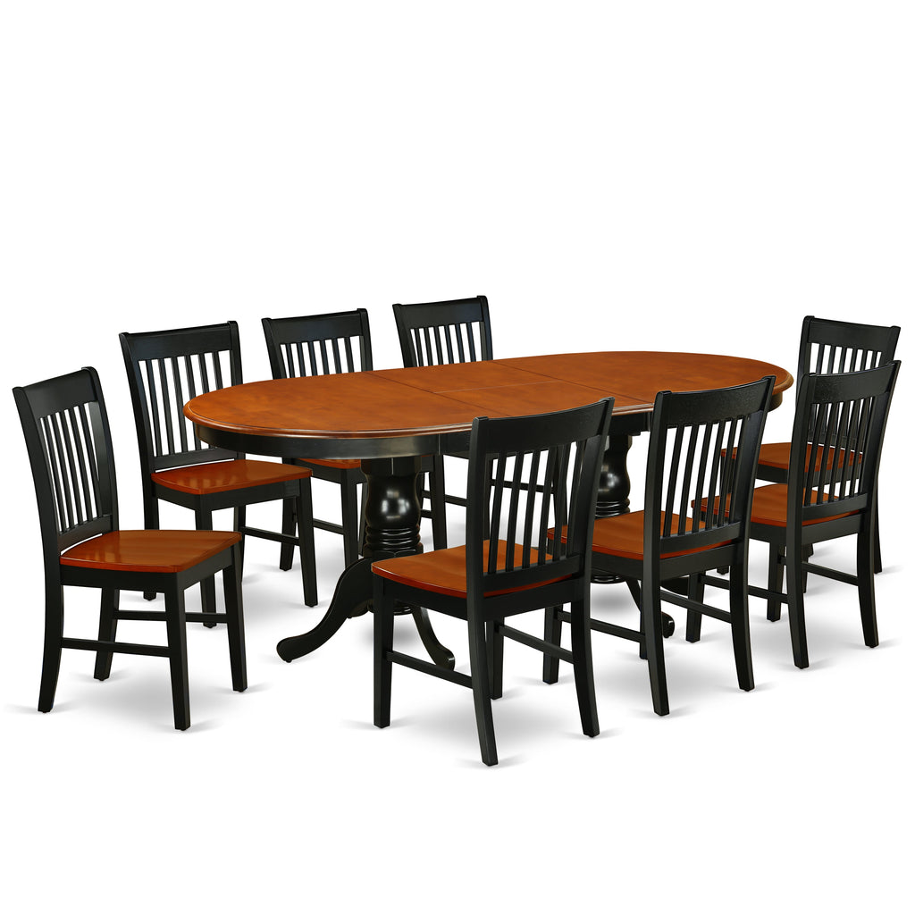 Juego de mesa de comedor moderna de 9 piezas East West Furniture PLNO9-BCH-W. Incluye una mesa ovalada de madera con hojas de mariposa y 8 sillas de comedor de cocina.