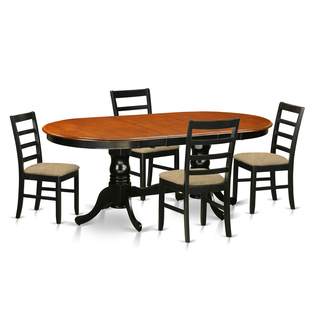 Juego de mesa de cocina de 5 piezas East West Furniture PLPF5-BCH-C para 4 personas. Incluye una mesa de comedor ovalada con hojas de mariposa y 4 sillas tapizadas en tela de lino.