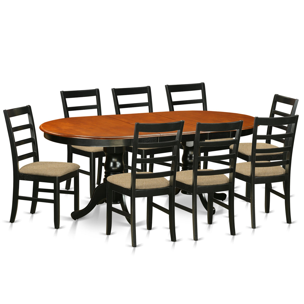 Juego de mesa y sillas de cocina de 9 piezas PLPF9-BCH-C de East West Furniture. Incluye una mesa de comedor ovalada con hojas de mariposa y 8 sillas tapizadas en tela de lino.