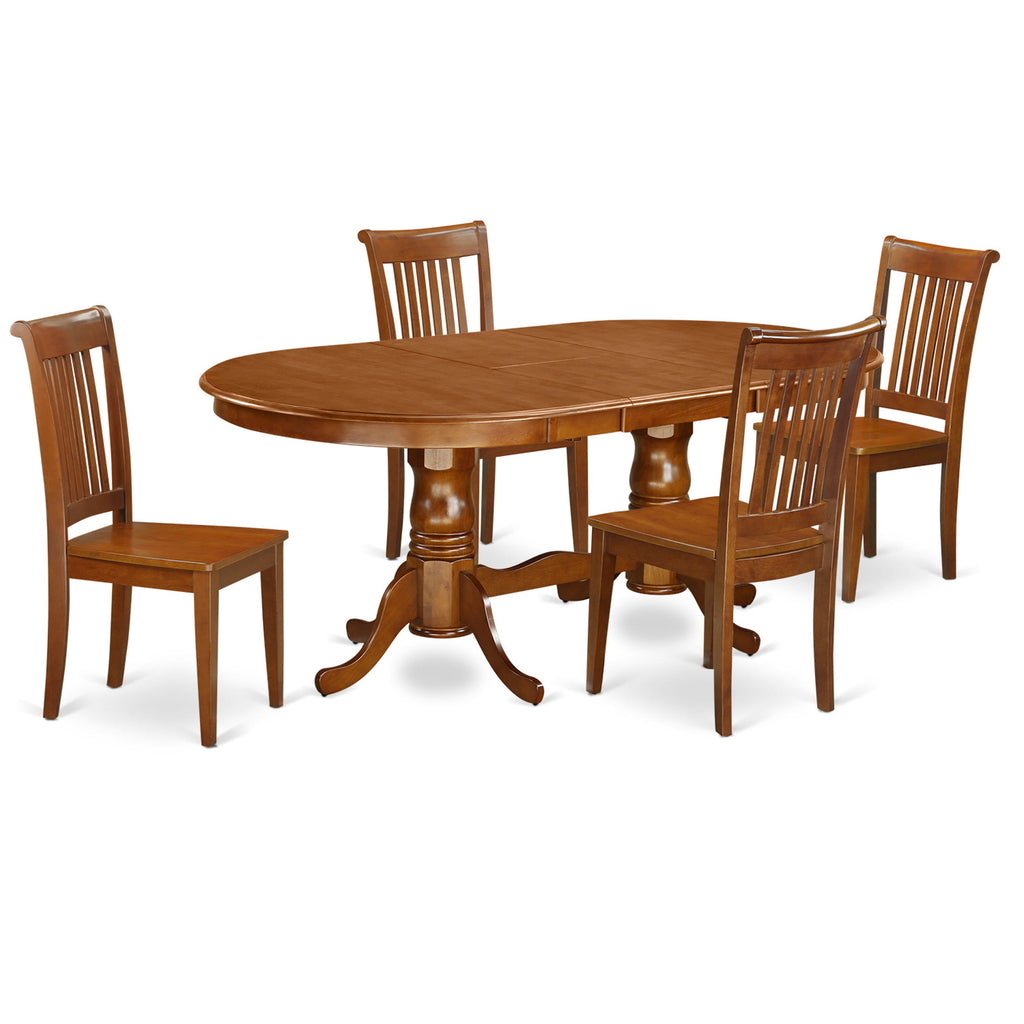 Juego de mesa de cocina de 5 piezas East West Furniture PLPO5-SBR-W para 4 personas. Incluye una mesa de comedor ovalada con diseño de hojas de mariposa y 4 sillas con asiento de madera maciza.