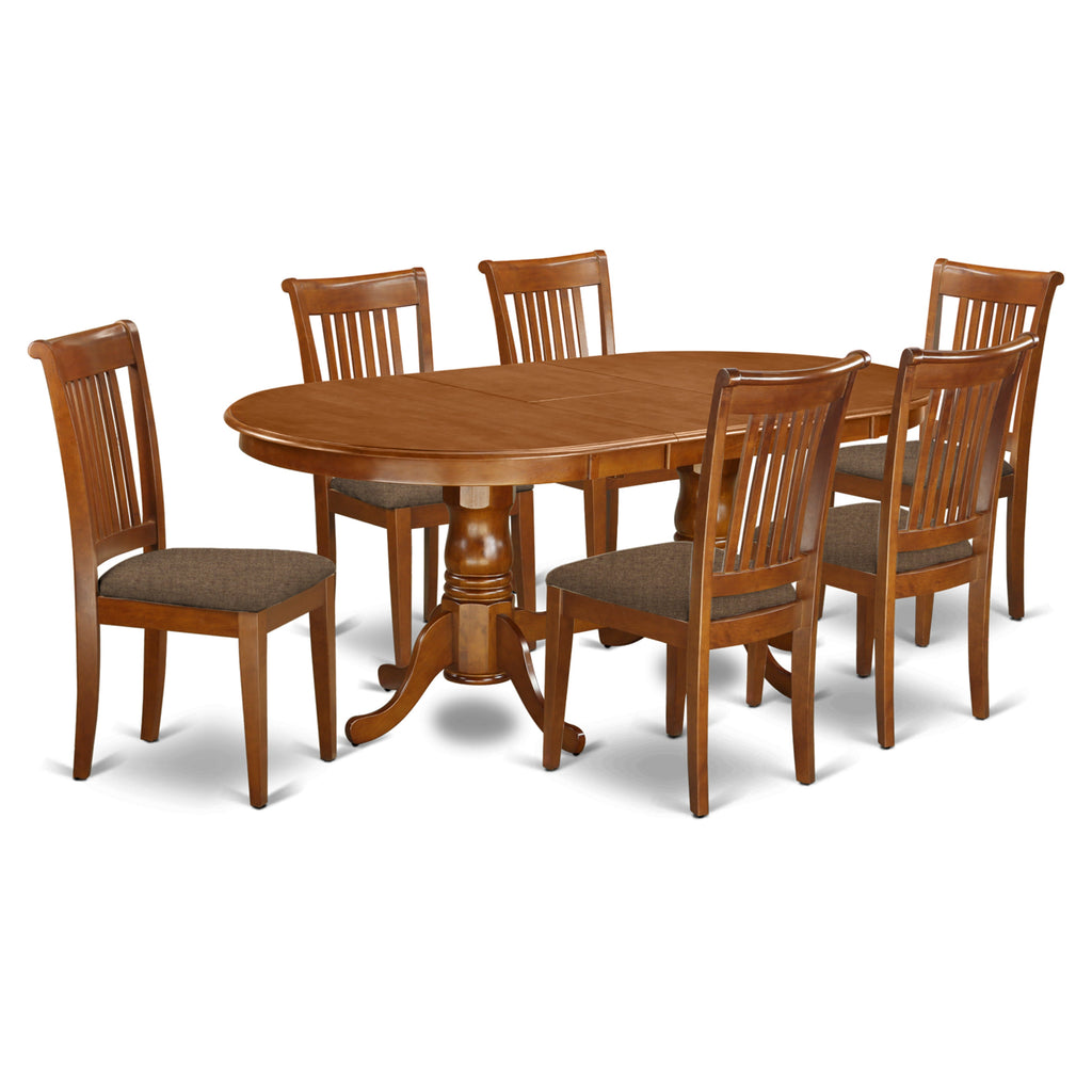 Juego de comedor de 7 piezas East West Furniture PLPO7-SBR-C compuesto por una mesa ovalada de madera con hojas de mariposa y 6 sillas de comedor de cocina de tela de lino.