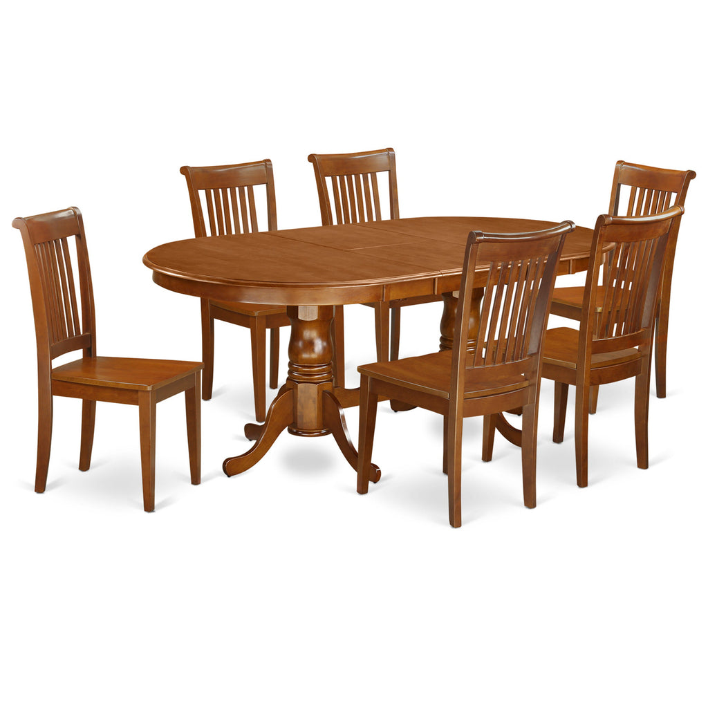 Juego de mesa y sillas de cocina de 7 piezas PLPO7-SBR-W de East West Furniture. Incluye una mesa de comedor ovalada con hojas de mariposa y 6 sillas de comedor.