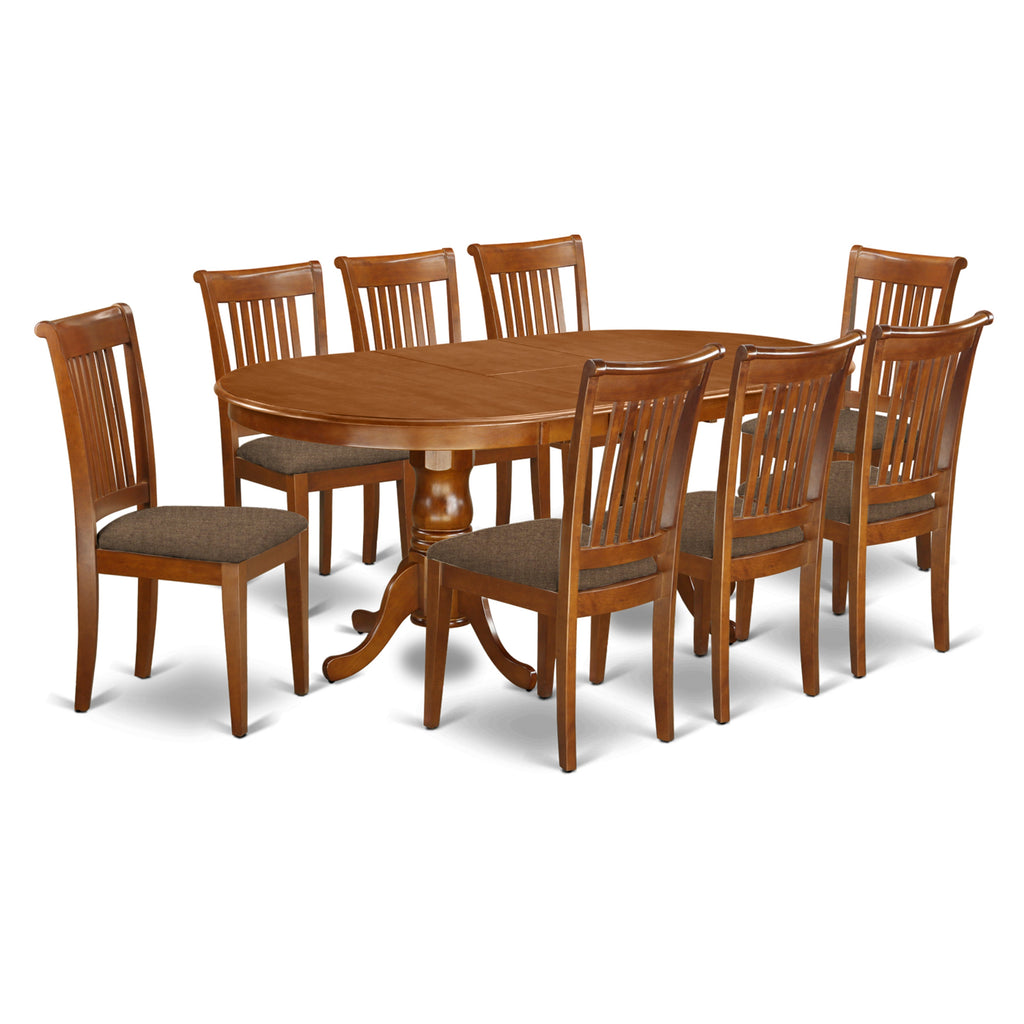 El juego de mesa de cocina de 9 piezas East West Furniture PLPO9-SBR-C incluye una mesa de comedor ovalada con hojas de mariposa y 8 sillas de comedor tapizadas en tela de lino.
