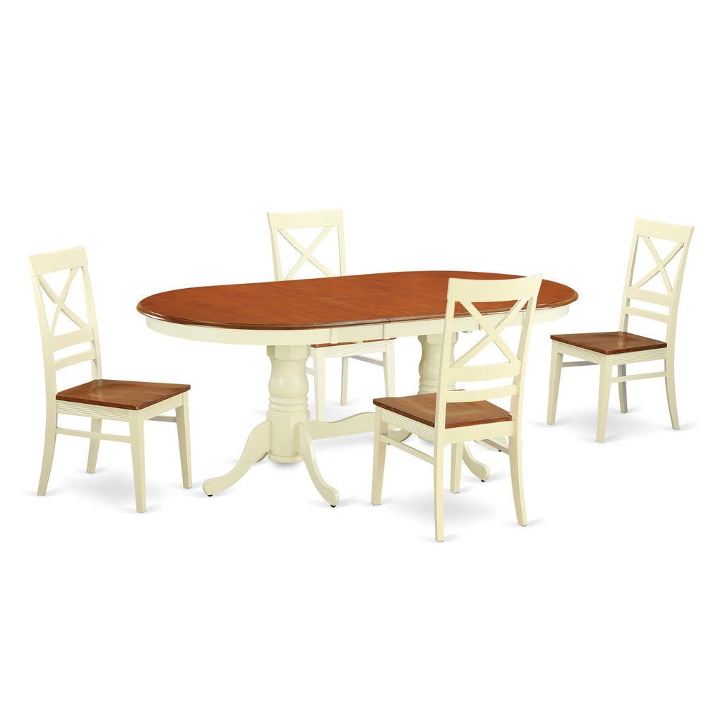 El juego de mesa de comedor moderno de 5 piezas PLQU5-WHI-W de East West Furniture incluye una mesa de madera ovalada con hoja de mariposa y 4 sillas de comedor.