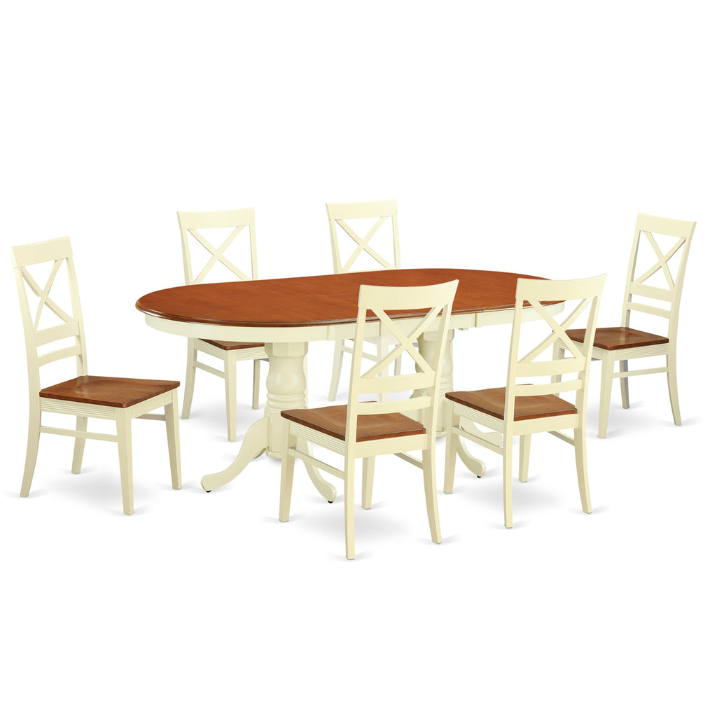 Juego de mesa y sillas de cocina de 7 piezas PLQU7-WHI-W de East West Furniture. Consta de una mesa de comedor ovalada con hojas de mariposa y 6 sillas con asiento de madera maciza.