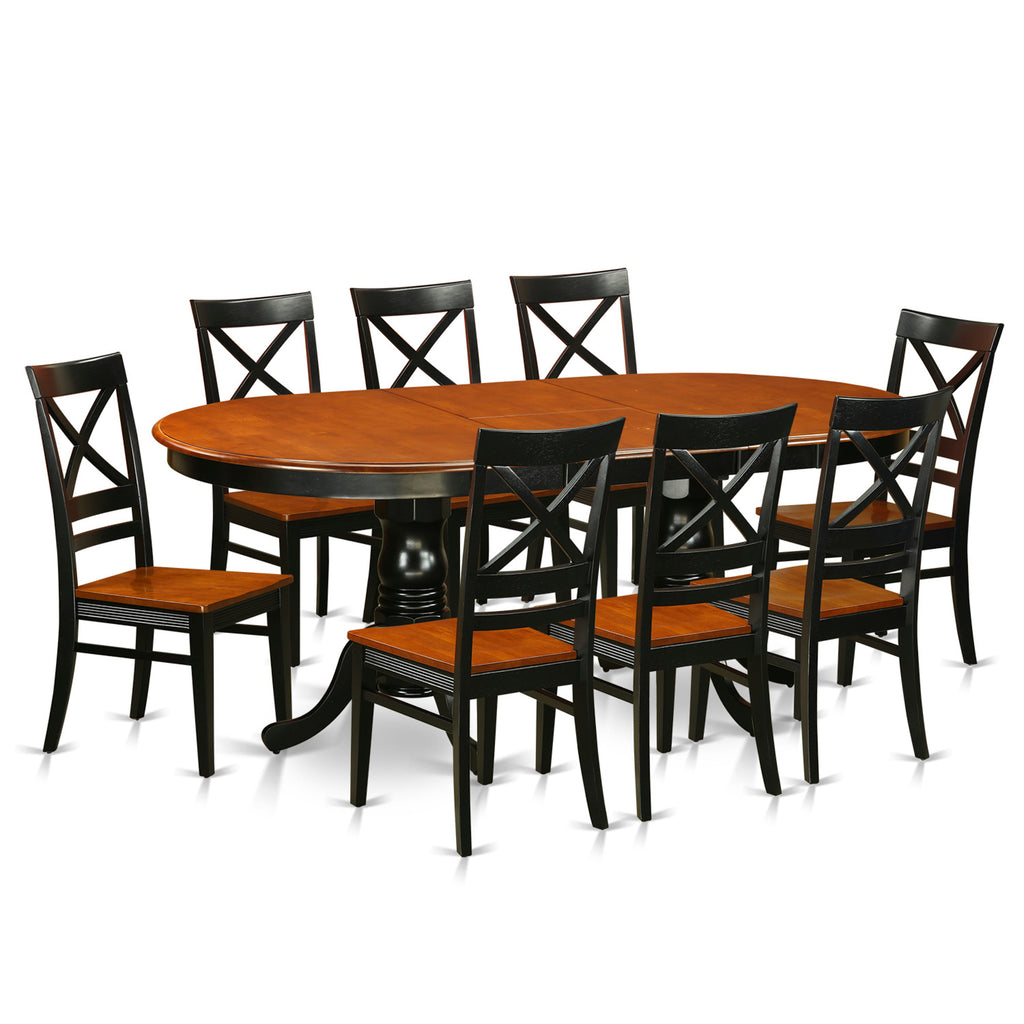 El juego de mesa de comedor de 9 piezas East West Furniture PLQU9-BCH-W incluye una mesa de comedor ovalada con hojas de mariposa y 8 sillas de comedor.